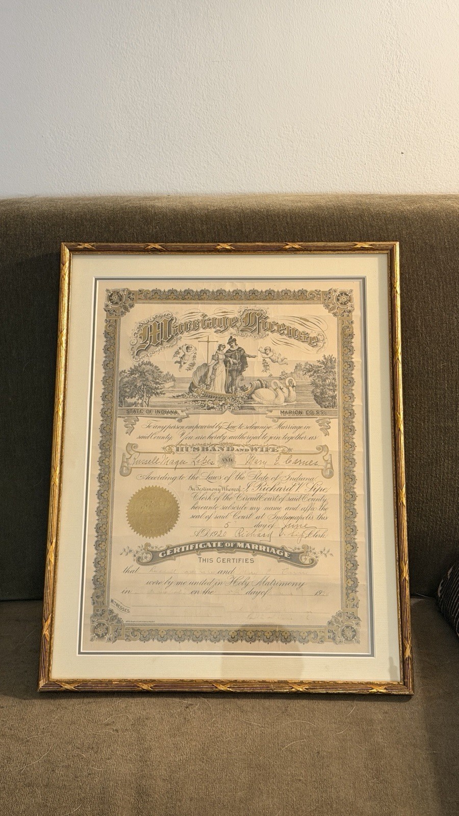 Antique 1920 Marriage Certificate w Gold Frame Antique 1920 Marriage Certificate w Gold Frame