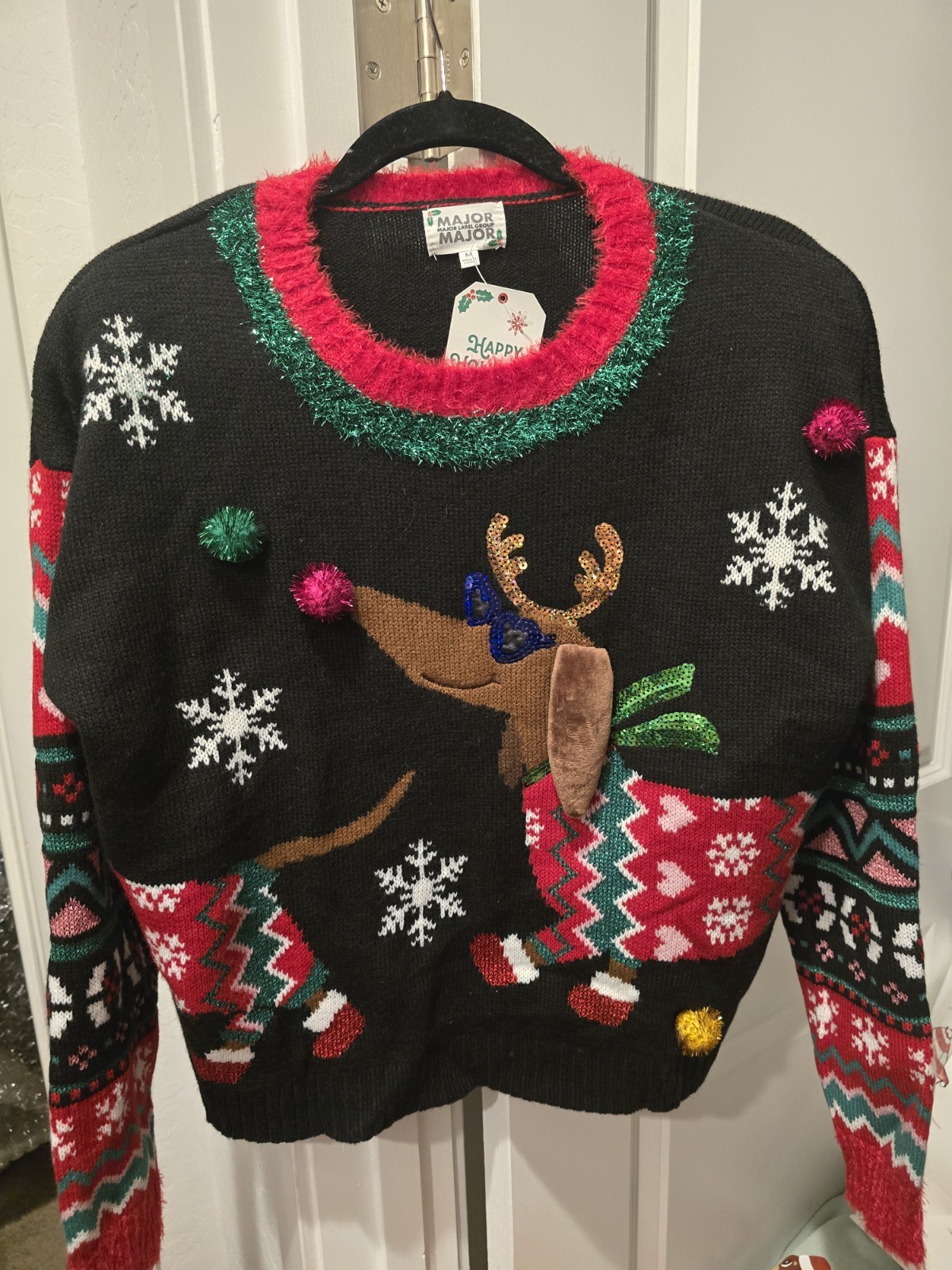 Dachshund Christmas Reindeer Holiday Sweater Snowflakes Sparkly NWT Size Medium