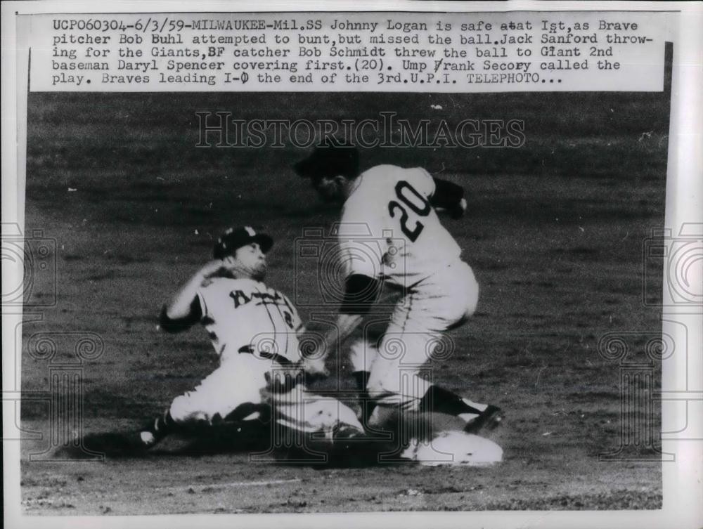 1959 Press Photo Johnny Logan of Milwaukee, Daryl Spencer of Giants, Ump. Secory 1959 Press Photo Johnny Logan of Milwaukee, Daryl Spencer of Giants, Ump. Secory