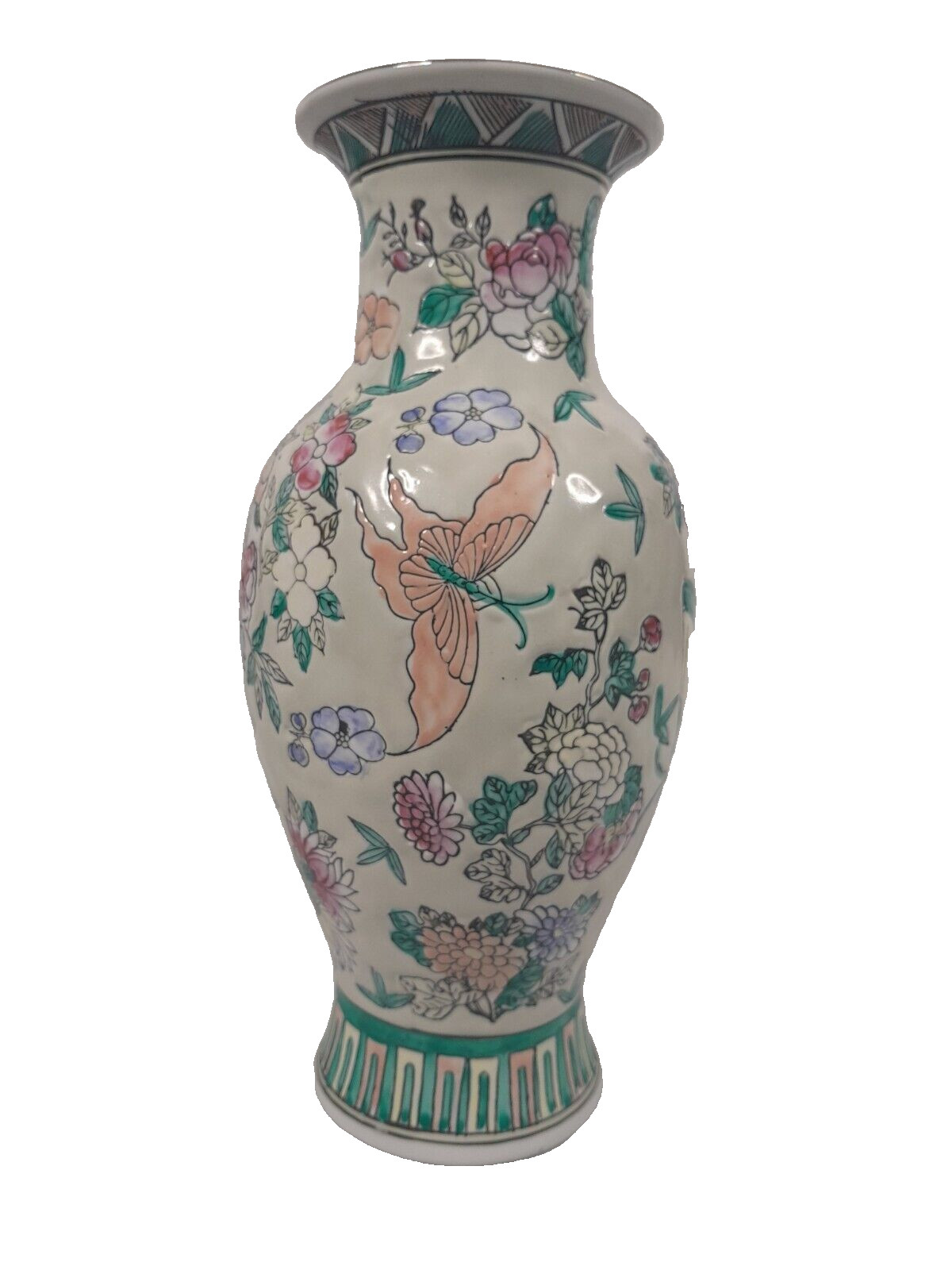 Vintage Chinese porcelain vase Macau Butterfly floral  10.5” red stamp