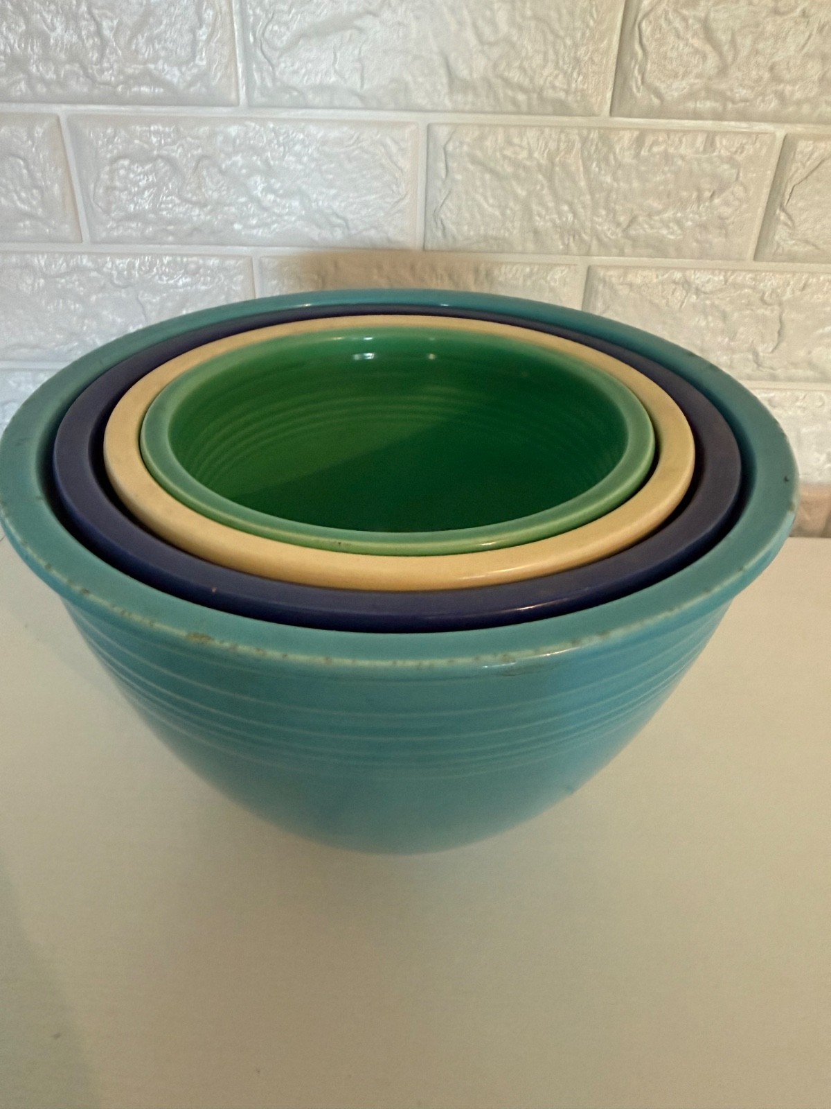Rare Vintage Fiesta mixing bowls from the 1950's  Aqua, blue, beige, green.