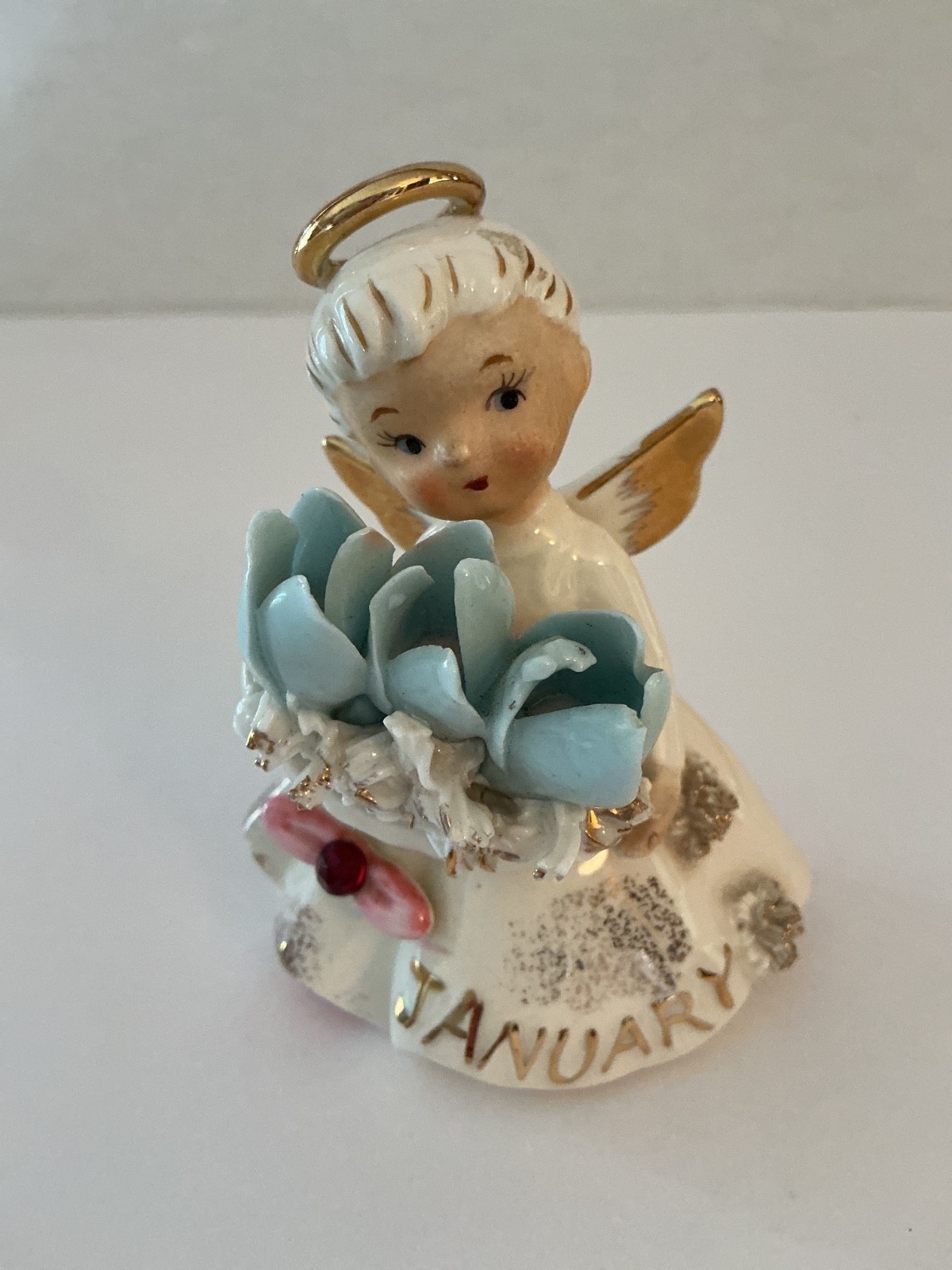 1950’s LEFTON JANUARY ANGEL SNOWDROP GARNET GEM BIRTHDAY FIGURE CERAMIC #489 EUC 1950’s LEFTON JANUARY ANGEL SNOWDROP GARNET GEM BIRTHDAY FIGURE CERAMIC #489 EUC