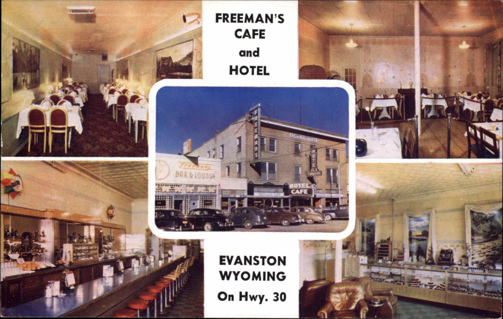 Evanston Wyoming WY Freeman's Caf� & Hotel Interior c1950s-60s Postcard