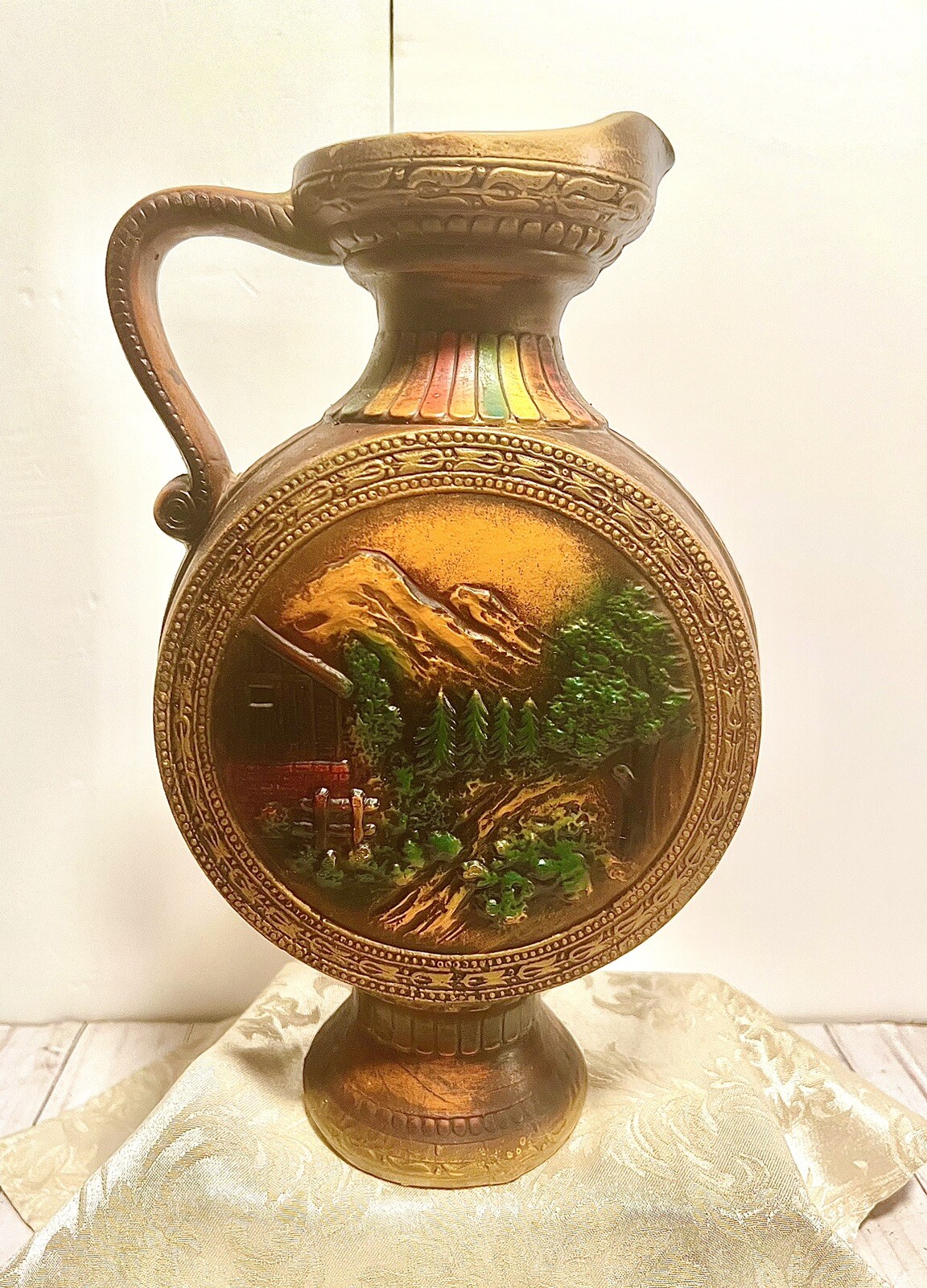 Vintage Norleans Japan Chalkware Bavarian Double Scene Embossed Pitcher