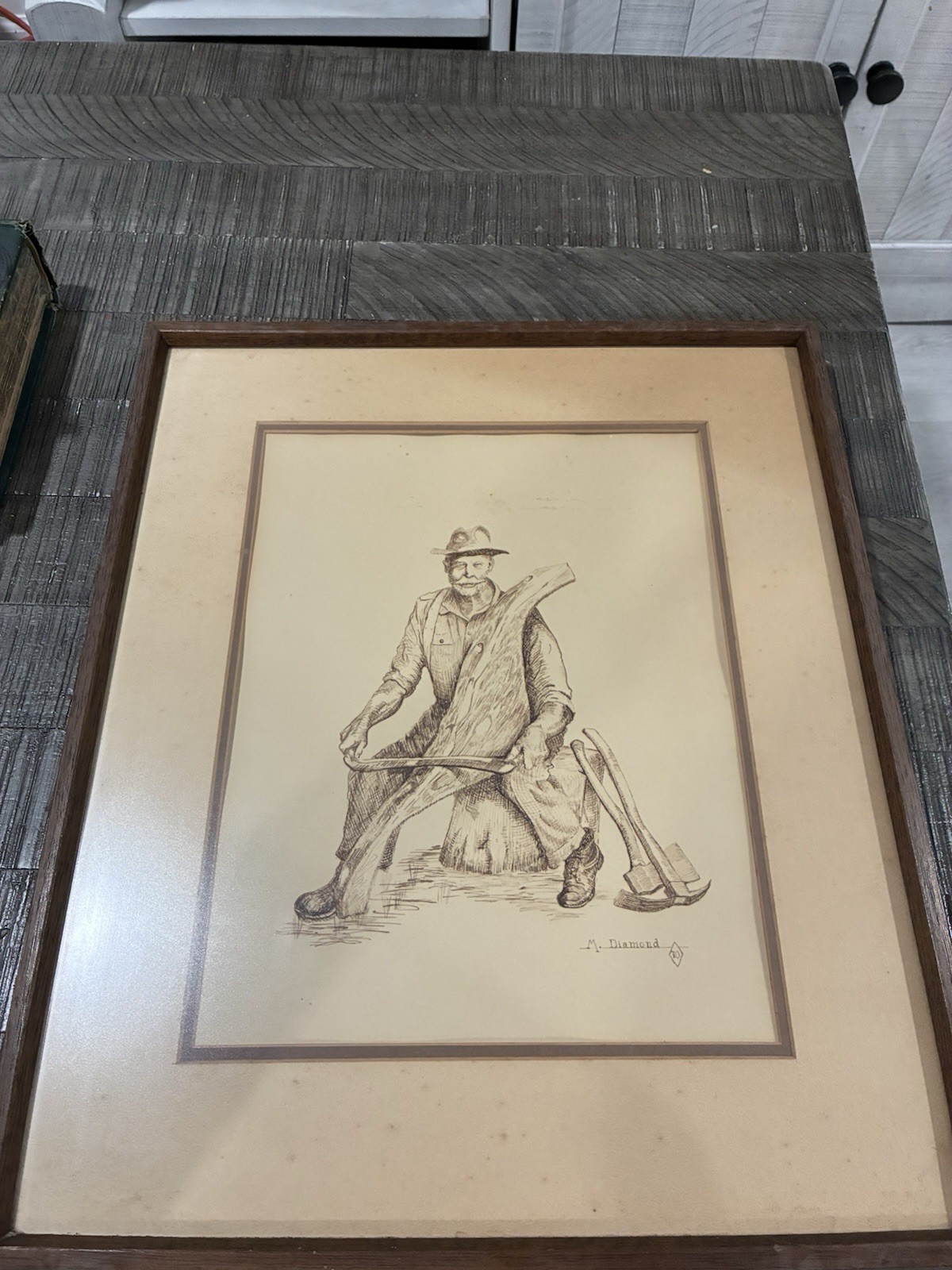 Vintage Original Pen Ink Drawing Woodsman Logger Signed M Diamond Framed 1970s
