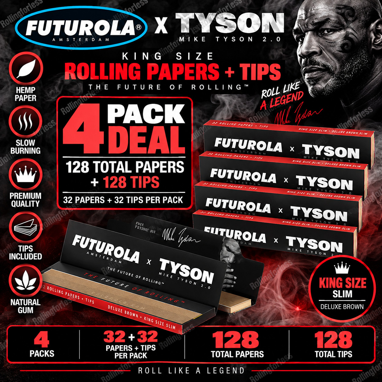Futurola x Tyson 2.0 King Size Rolling Papers + Tips 4 Packs 128 Papers