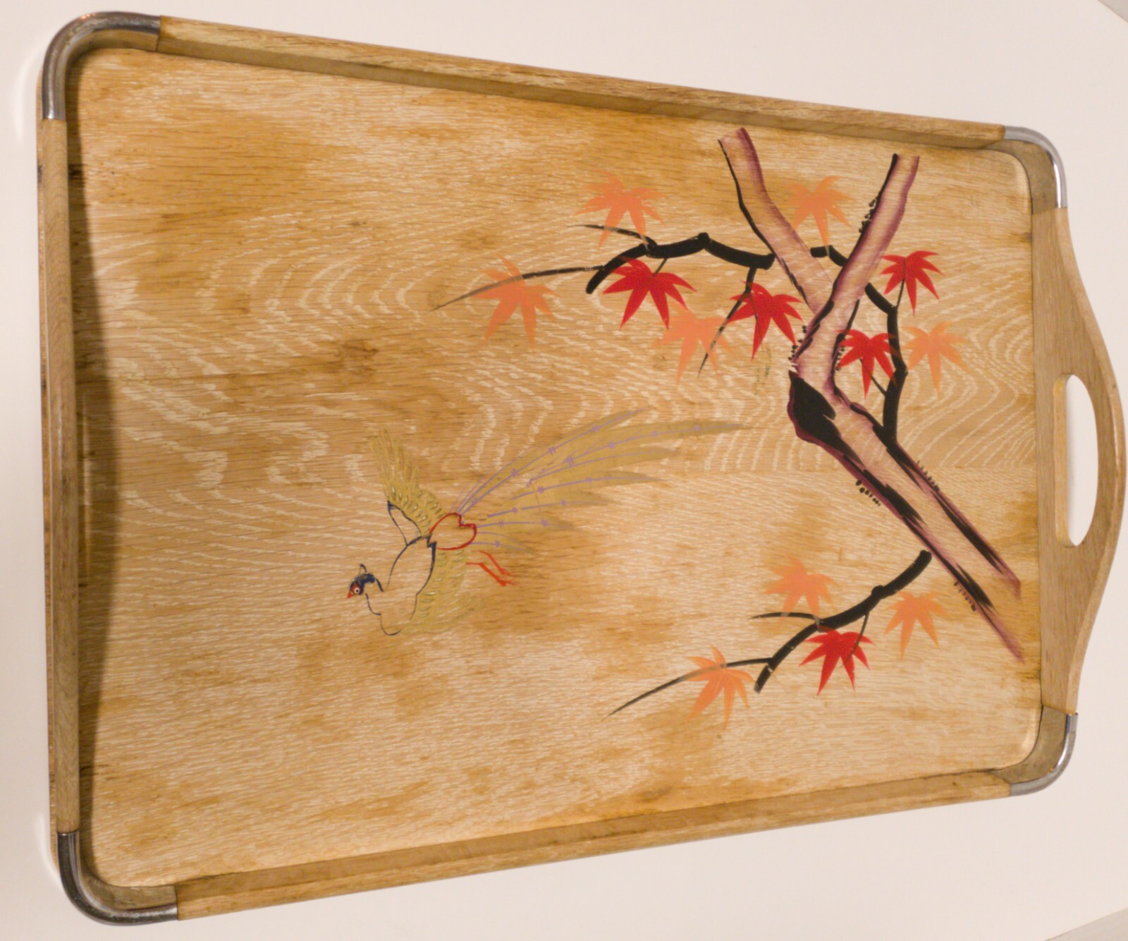 VTG Serving Tray Wood Handles LG Asian Hand-painted Tree/ Leaves/Bird Metal Edge VTG Serving Tray Wood Handles LG Asian Hand-painted Tree/ Leaves/Bird Metal Edge
