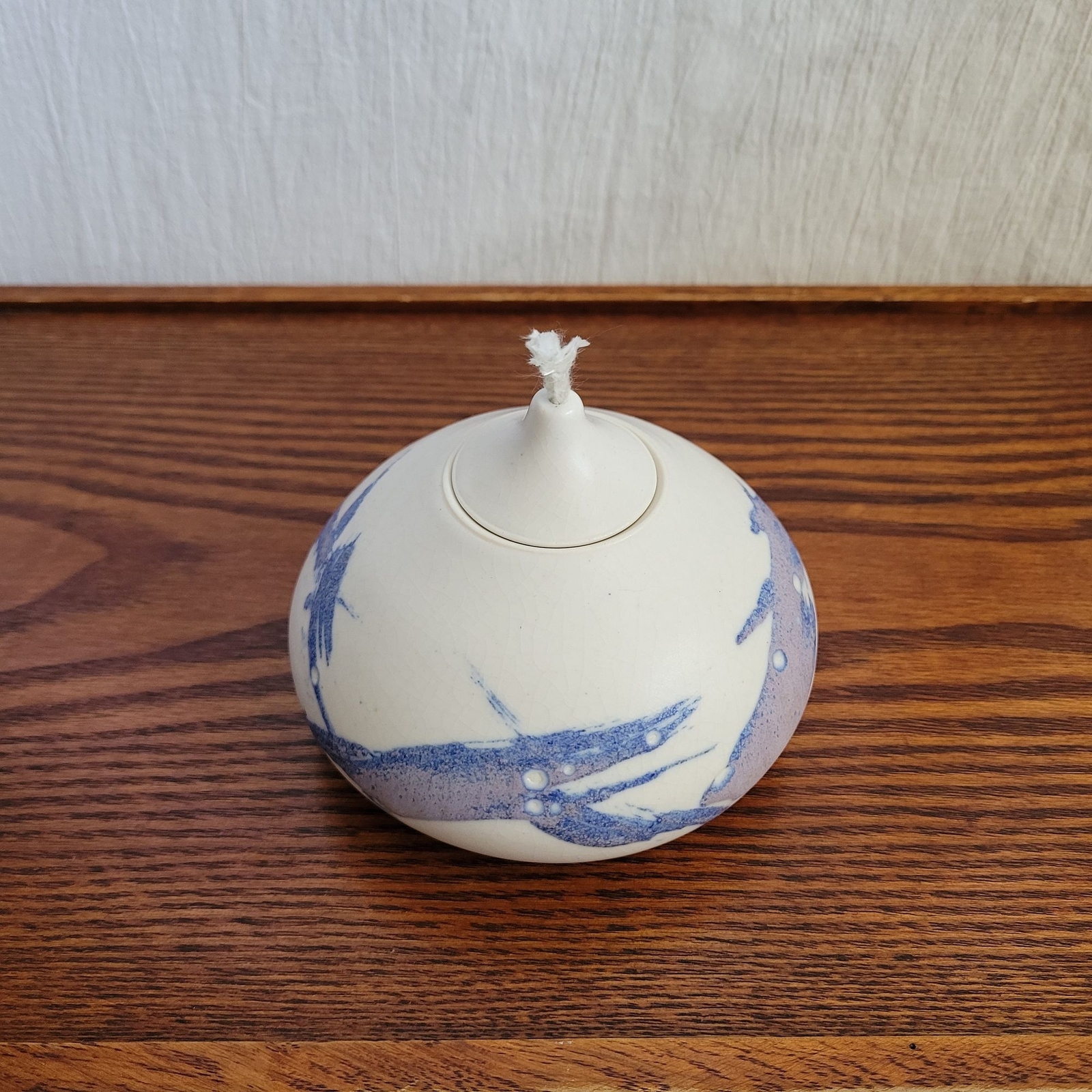 Studio Pottery Oil Lamp Porcelain Ceramic White with Blue Matte Glaze Signed