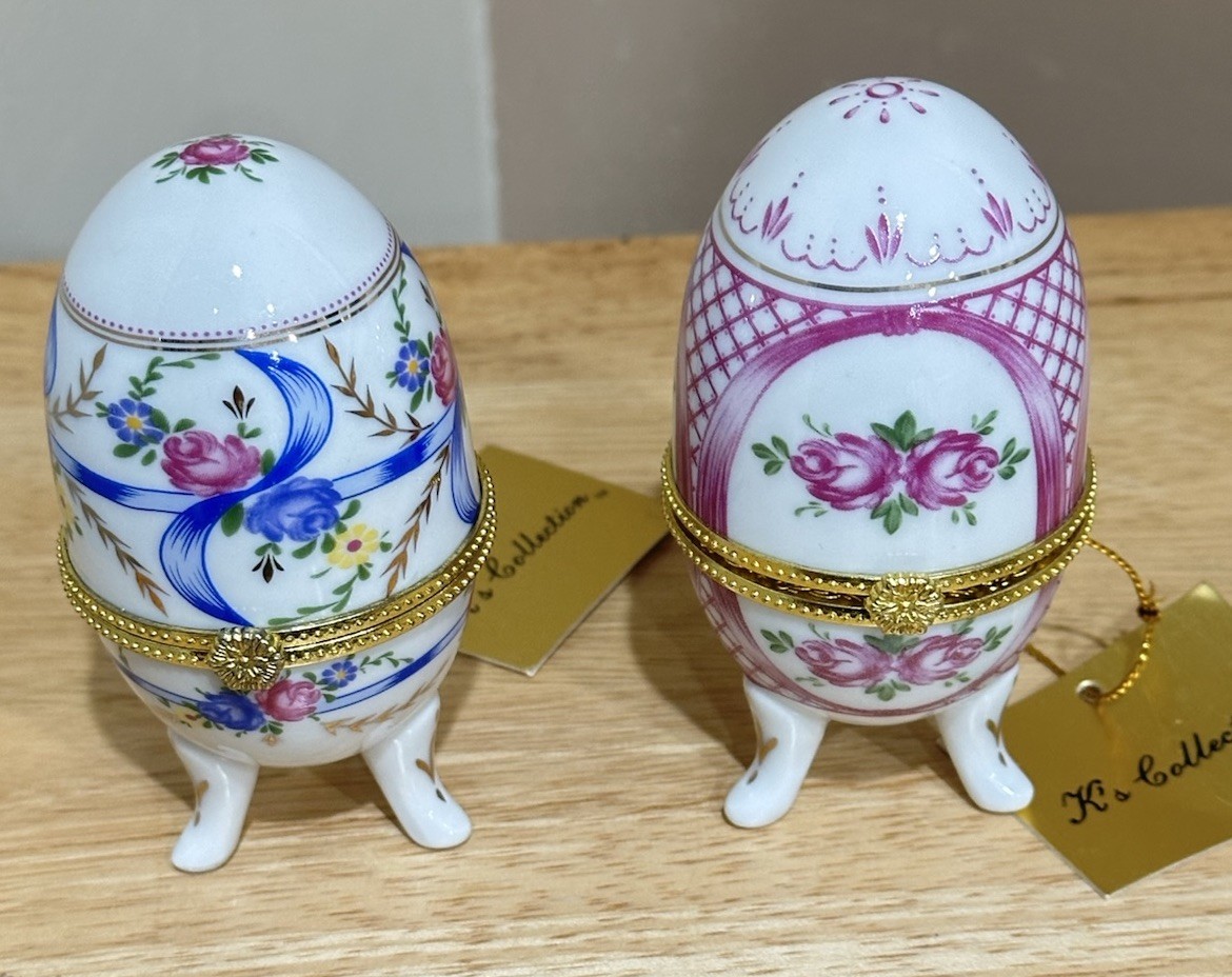 Vtg K’s Pink Rose & Blue Ribbon Gold Porcelain Eggs Shaped Trinket Boxes 2 Pcs