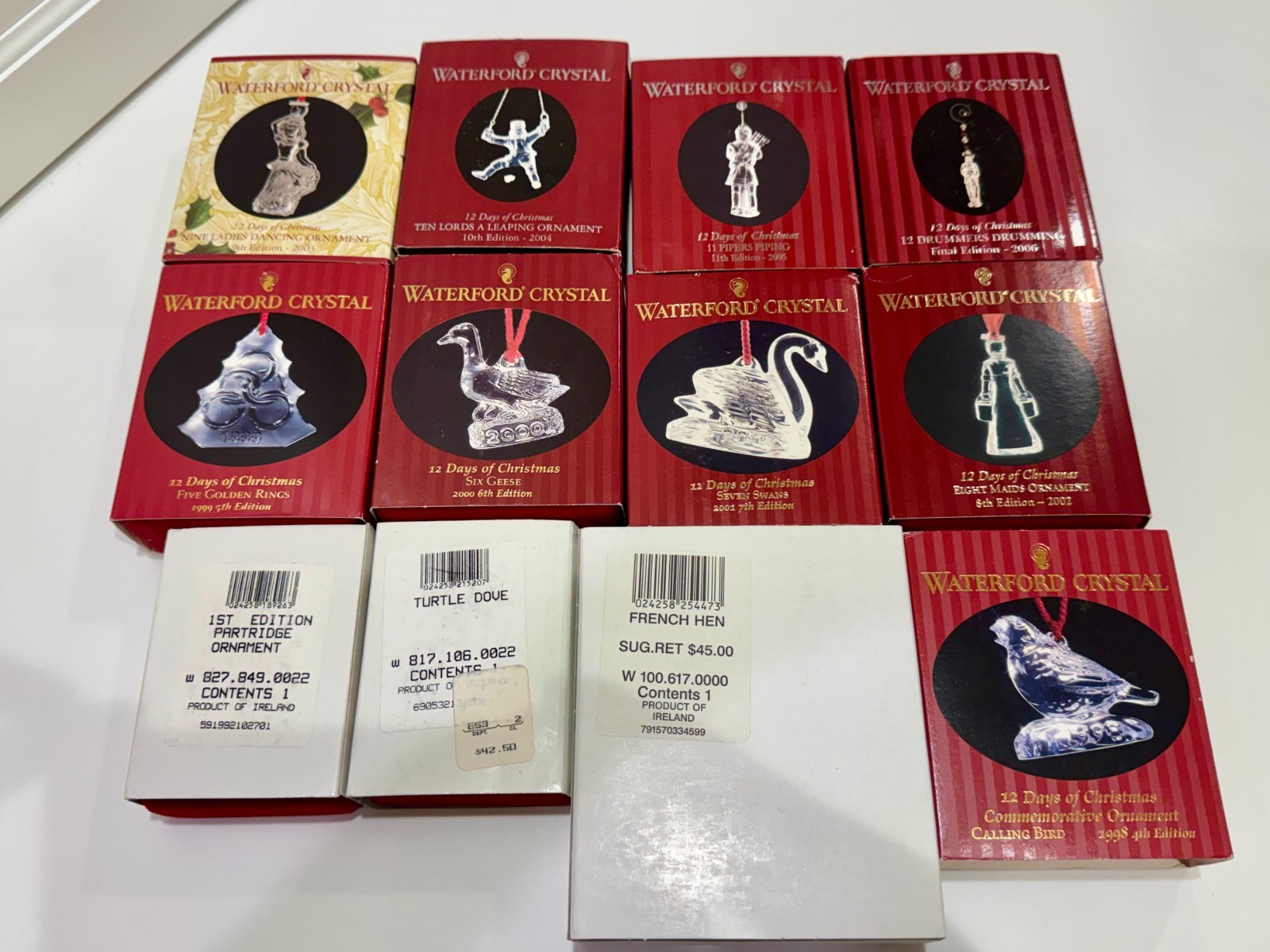 12 Days of Christmas Waterford Crystal Ornaments (12) 1995-2006, complete set