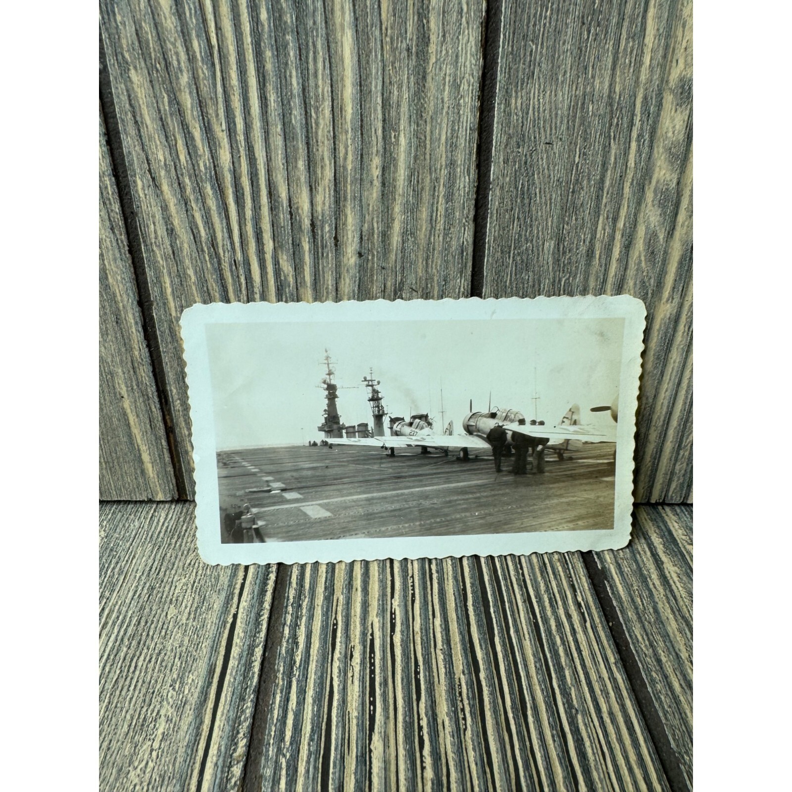 Vintage Black & White Photograph Of Aircraft Carrier With Planes 1950s