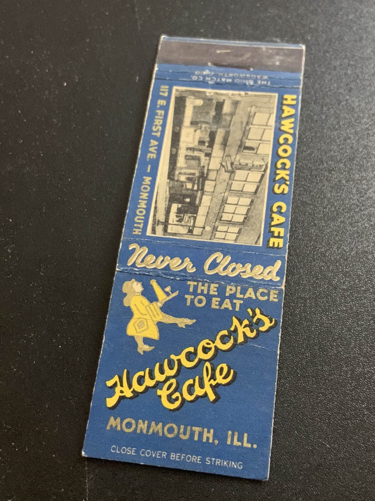 Vintage Illinois Matchbook “Hawcock’s Cafe” Monmouth • w/Photo Vintage Illinois Matchbook “Hawcock’s Cafe” Monmouth • w/Photo