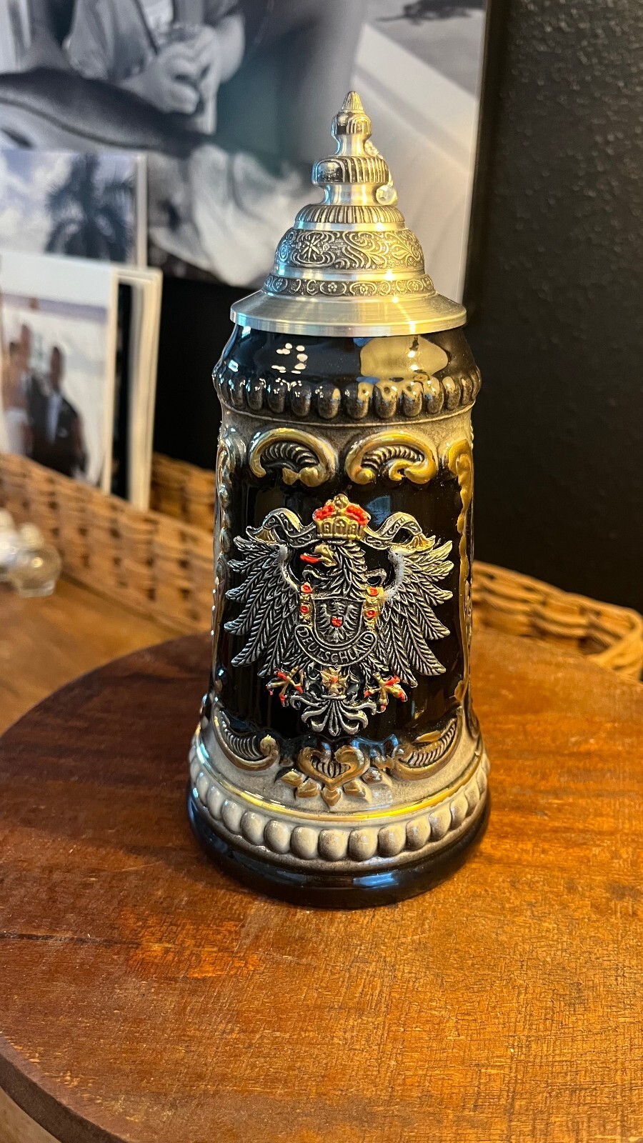 Zoller Born Vintage German Hand Painted Beer Stein w/ Pewter Lid and Eagle Crest