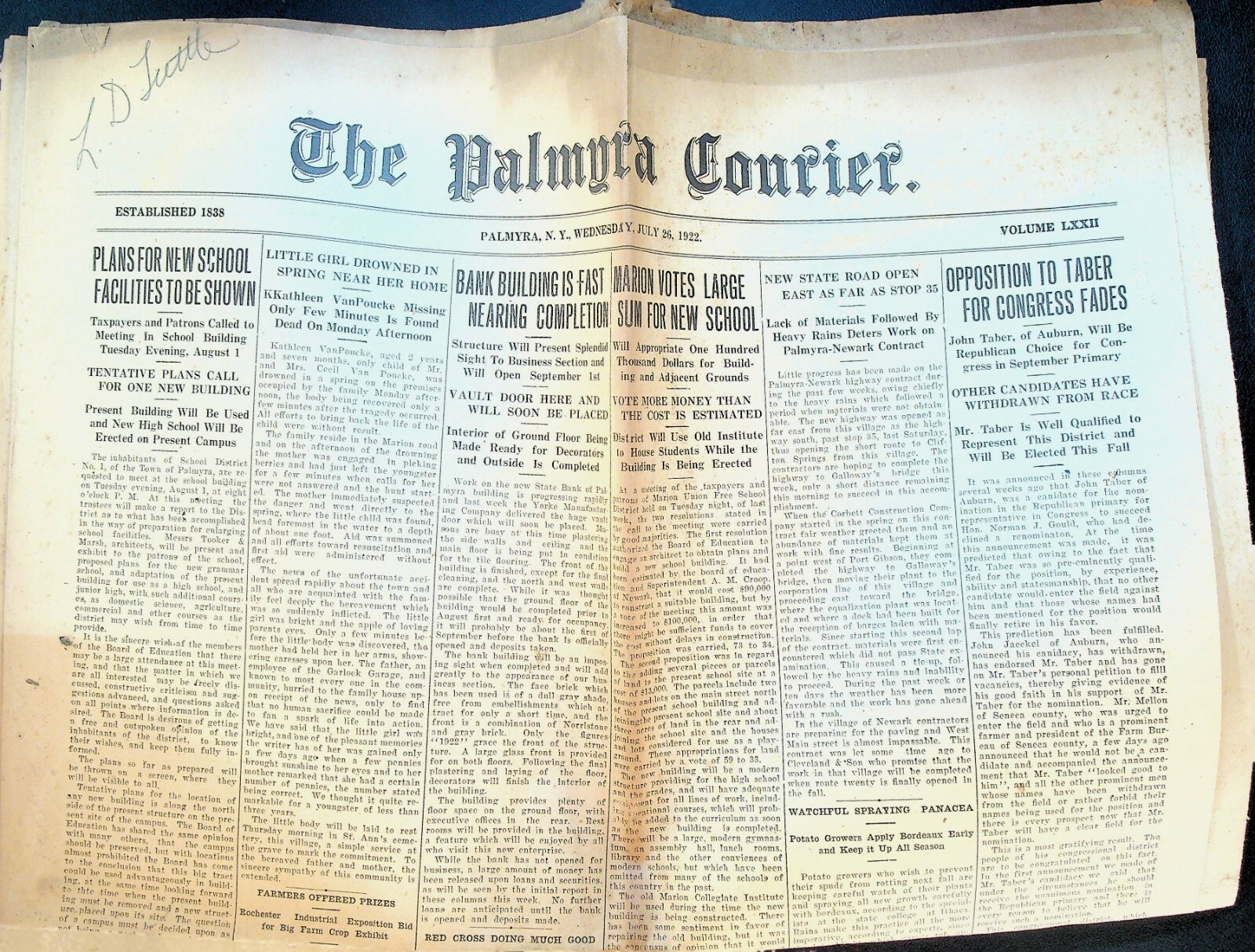 Palmyra Courier July 26 1922 Irish Free State Coal Strike Alonzo Webb