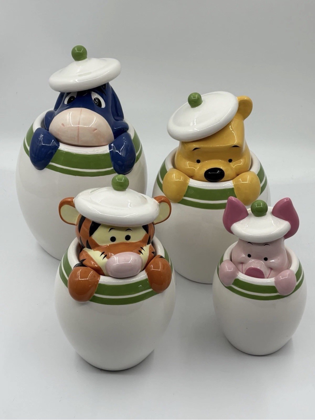 Vtg Disney Winnie the Pooh Tigger Piglet Eeyore Peek-A-Boo 4 Canister Set Green Vtg Disney Winnie the Pooh Tigger Piglet Eeyore Peek-A-Boo 4 Canister Set Green