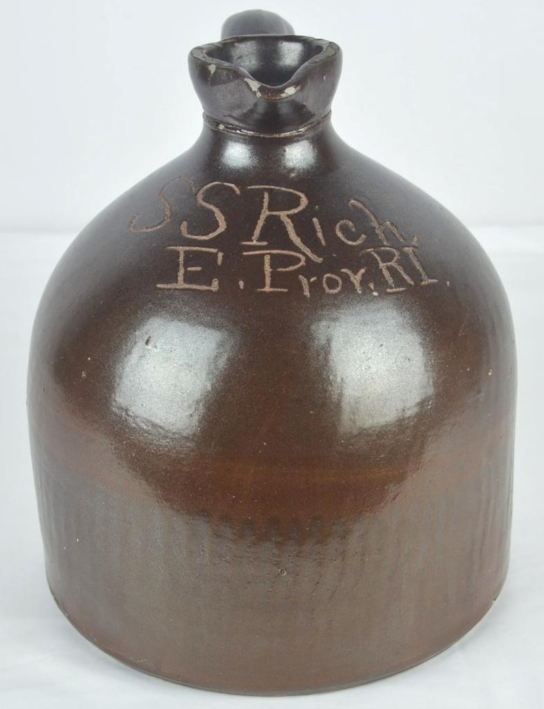 ANTIQUE c1900 BROWN SLIP GLAZE STONEWARE JUG 9 1/2