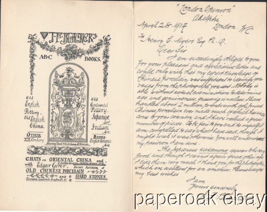 Original 1914 J.F. Blacker Pottery & Ceramics Expert Letter About An Appraisal