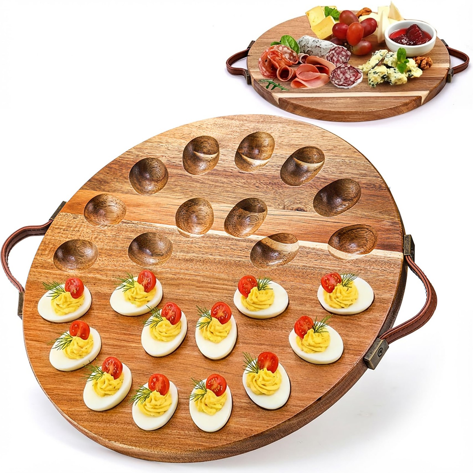 Acacia Wood Deviled Egg Platter Handles 24 Holes Round Tray Reversible