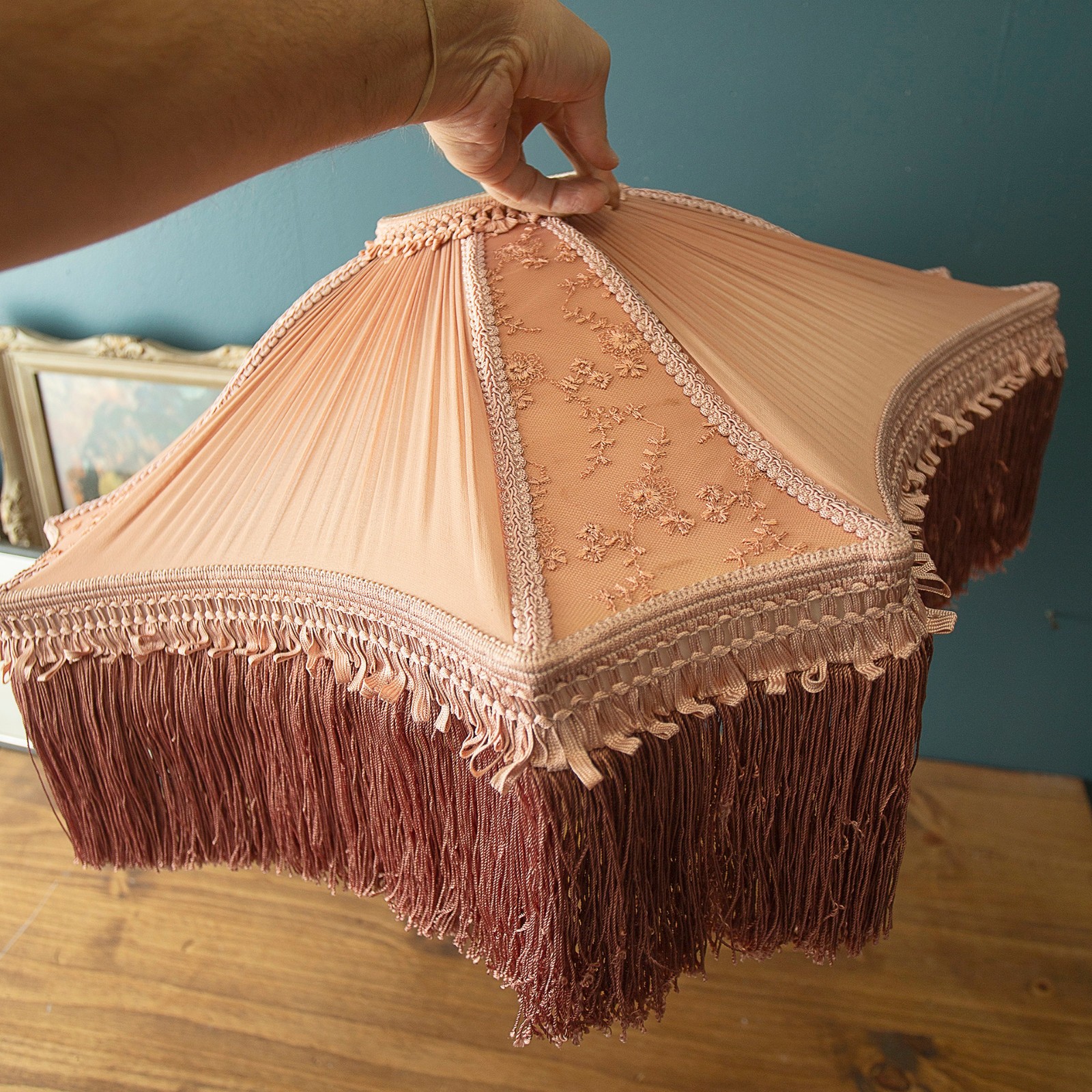 Vtg Victorian Style Lamp Shade With Fringe Pink Mauve Large 22\
