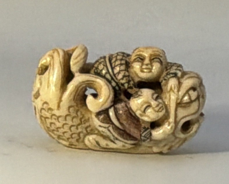 VTG Japanese Natsuke A Carved Koi With 2 People Riding It