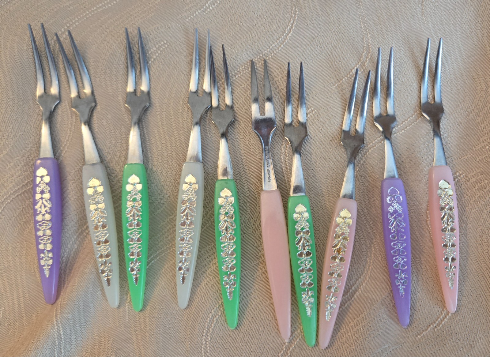 Vintage Japan MCM Appetizer Cocktail Forks Floral Handles Set of 10