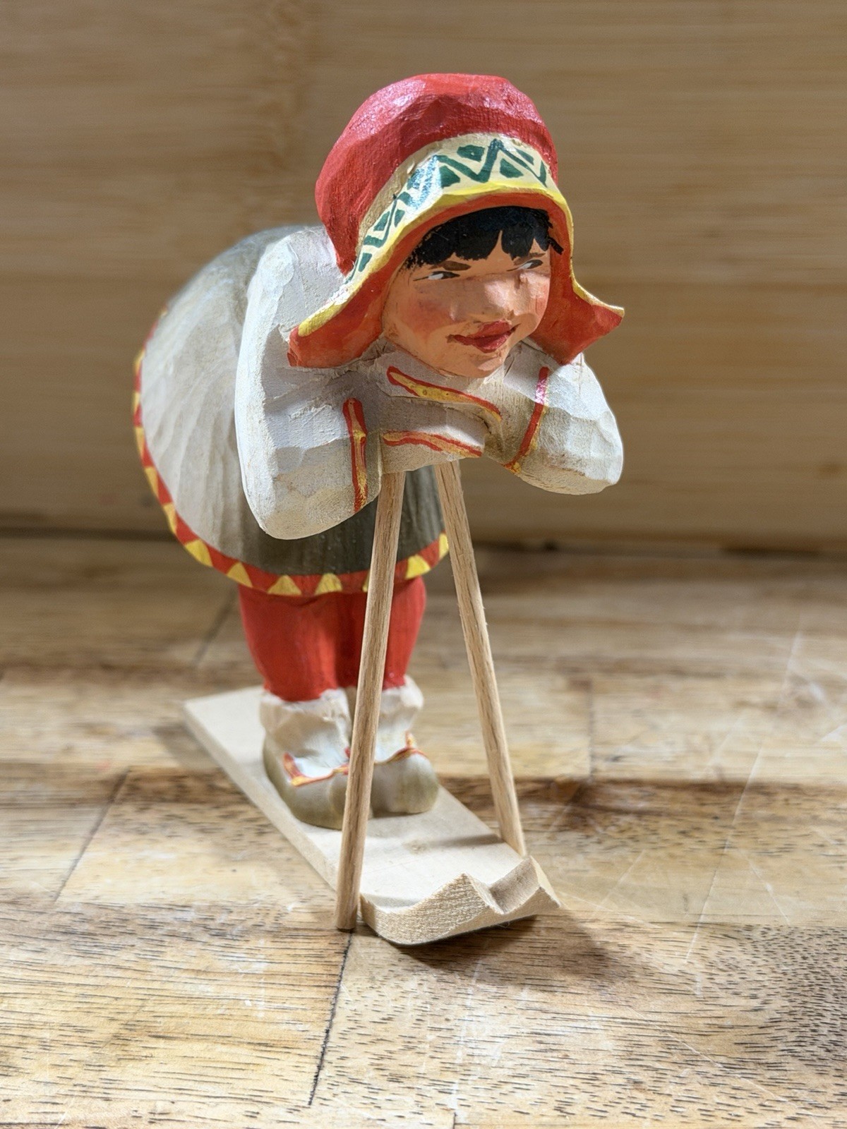 Vintage HENNING Norway Wood Carving SAMI Girl Skier Figurine Hand Carved Art