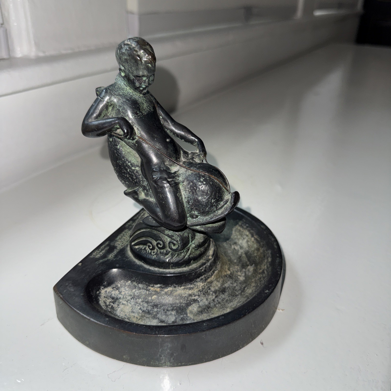 Stevens Hotel Chicago 1927 Grand Opening Bronze / Iron Boy Dolphin Figure  Tray