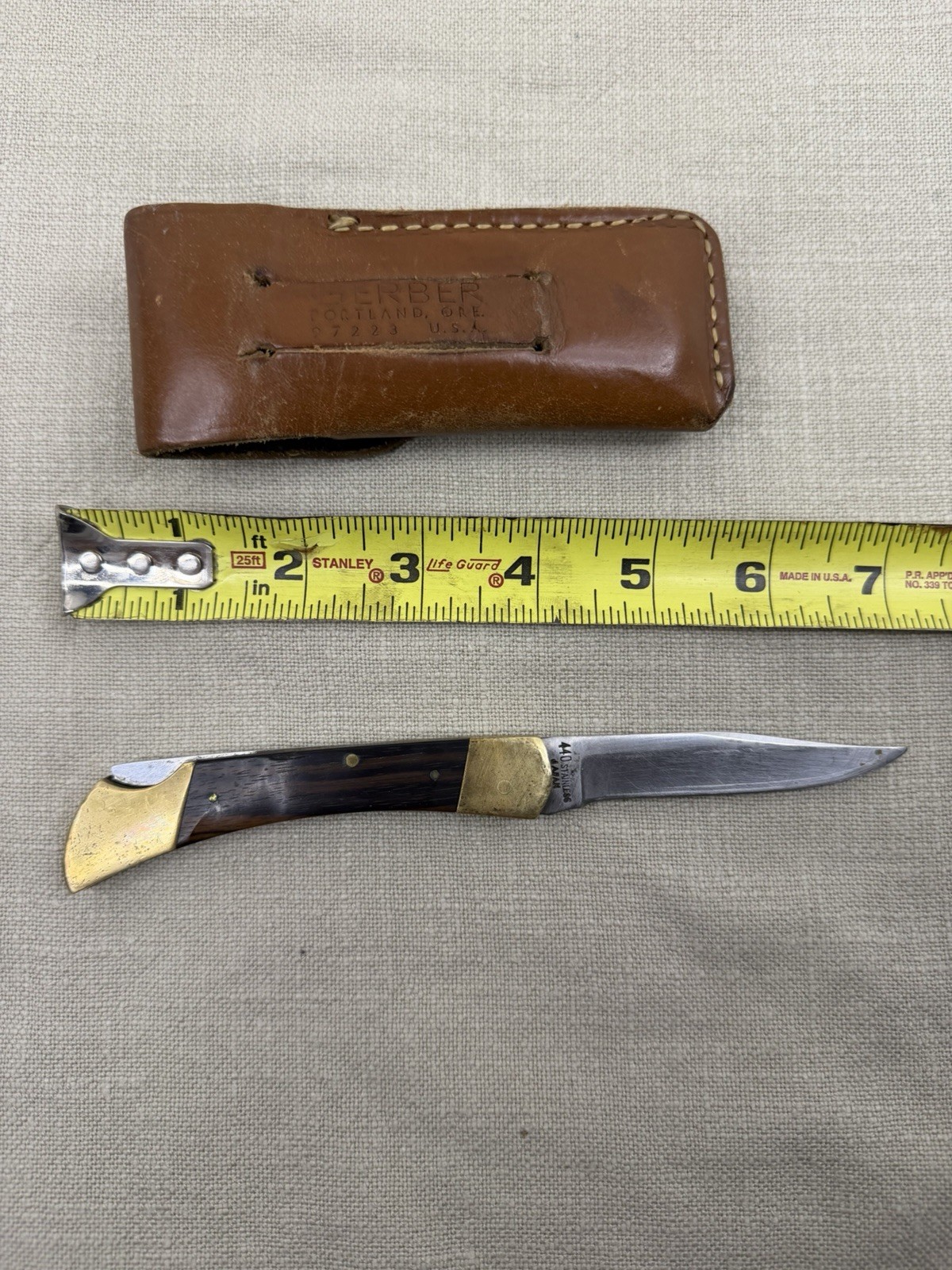 Vintage Edge Mark 11-308 Folding SS Pocket Knife With Leather Sheath