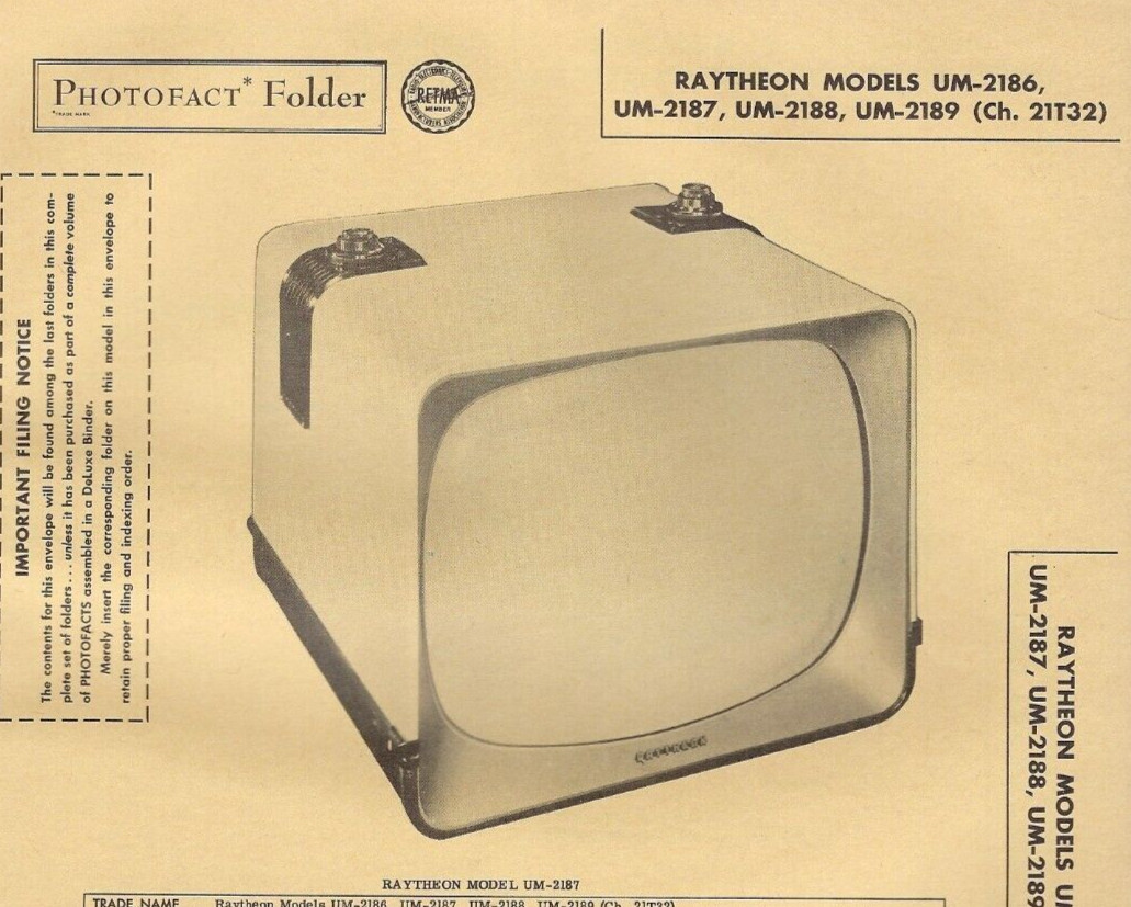 1956 RAYTHEON UM-2186 TELEVISION Tv Photofact MANUAL 2187 2188 2189 UM2186 Vtg