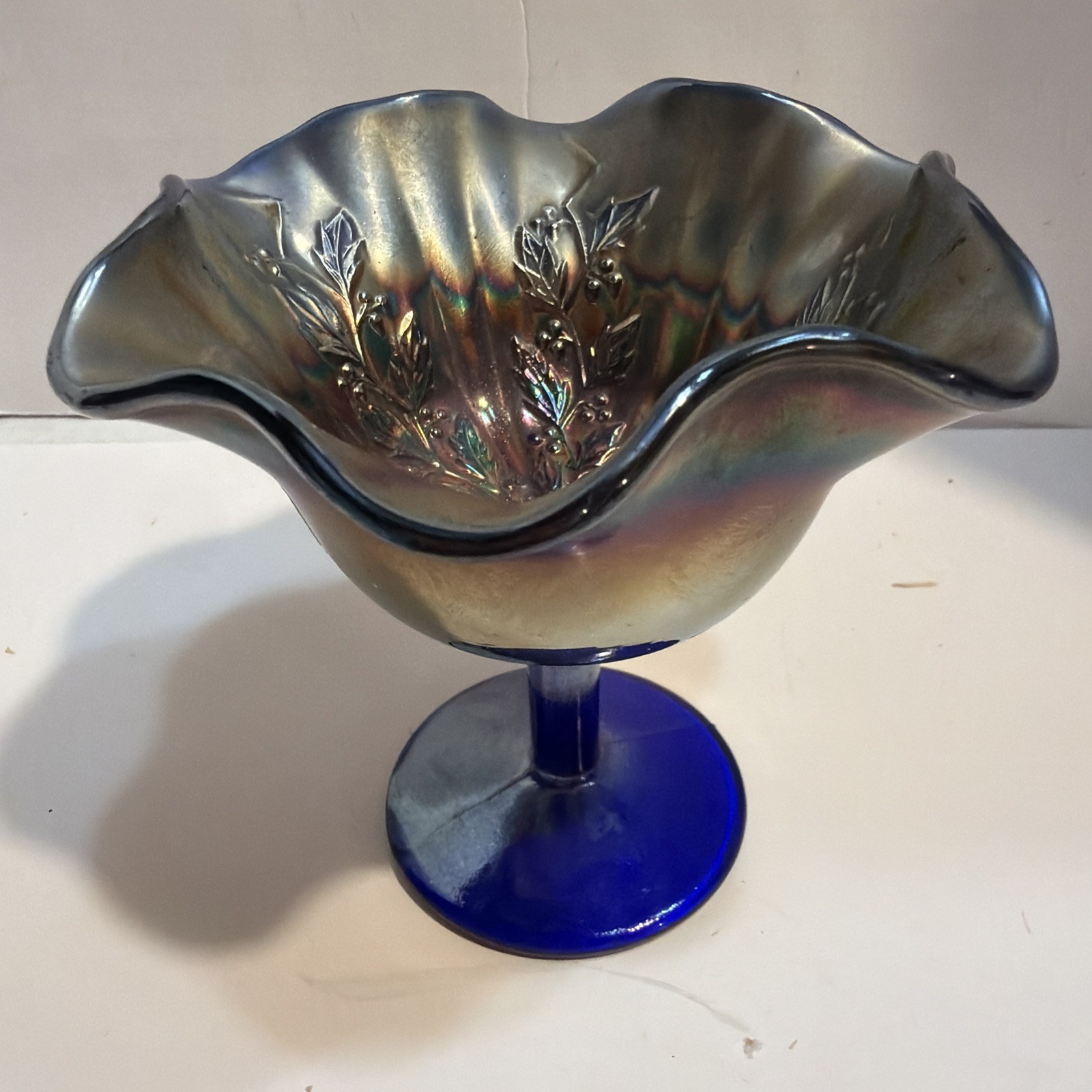 Vintage Fenton Holly Berry Compote Blue Carnival Glass Ship 6.00