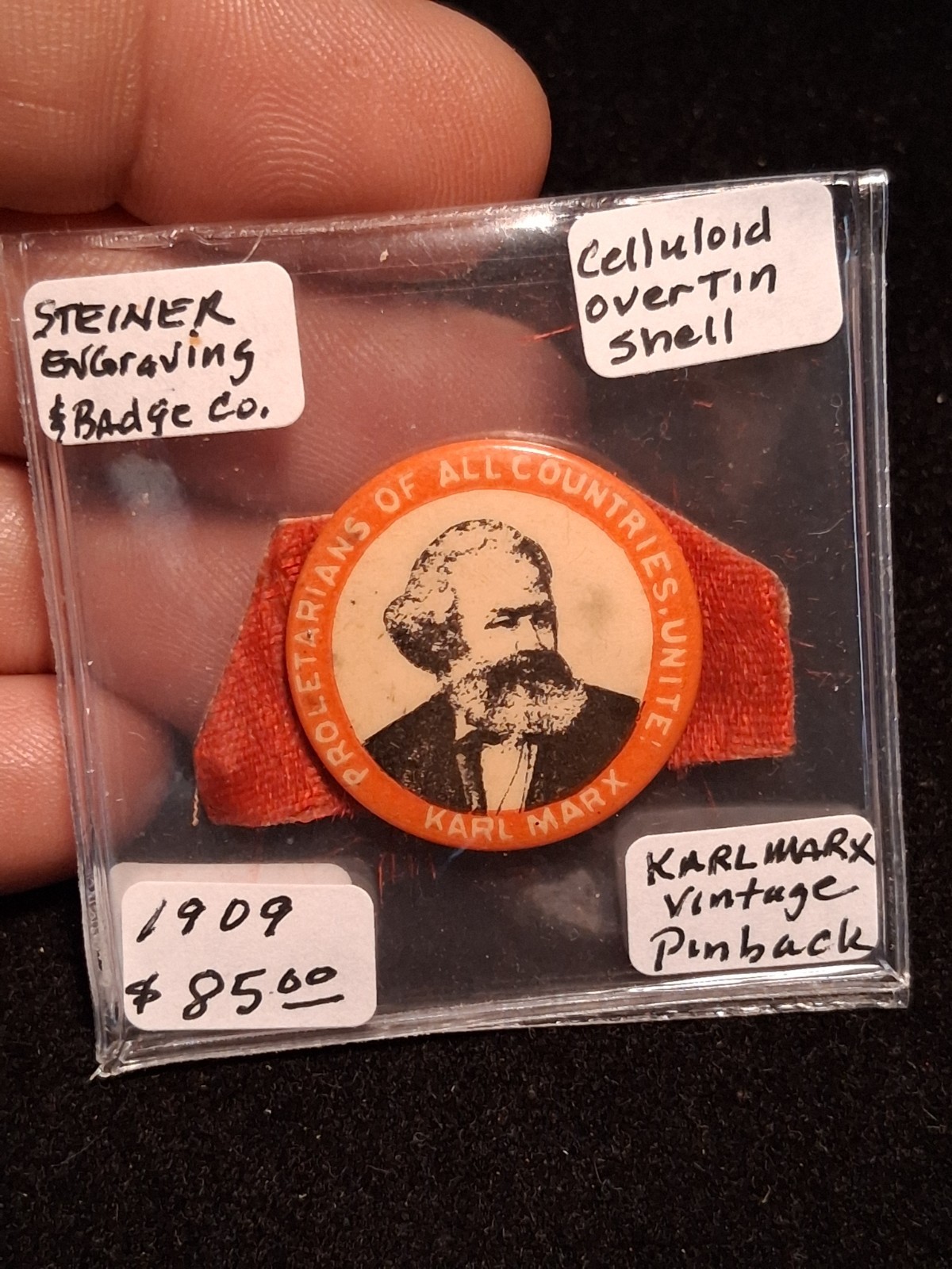 Antique 1909 Karl Marx, Proletarians Celluloid Pinback Button Steiner Engraving