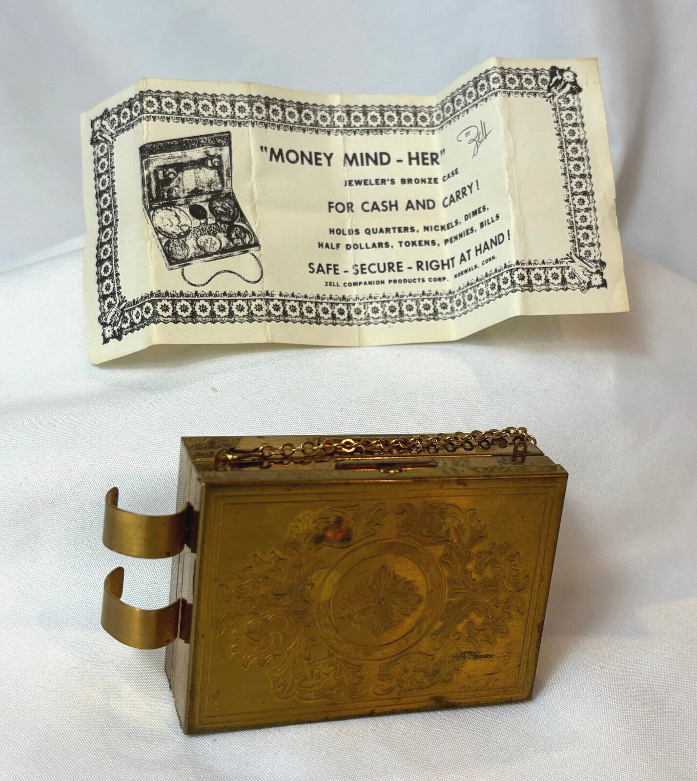 Vtg Zell Money Mind-Her Jeweler's Bronze Case Combo Cash & Carry Powder Box