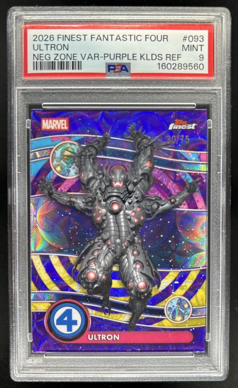 2026 Topps Finest Fantastic Four Ultron SP Purple Kaleidoscope /75 PSA 9 2026 Topps Finest Fantastic Four Ultron SP Purple Kaleidoscope /75 PSA 9