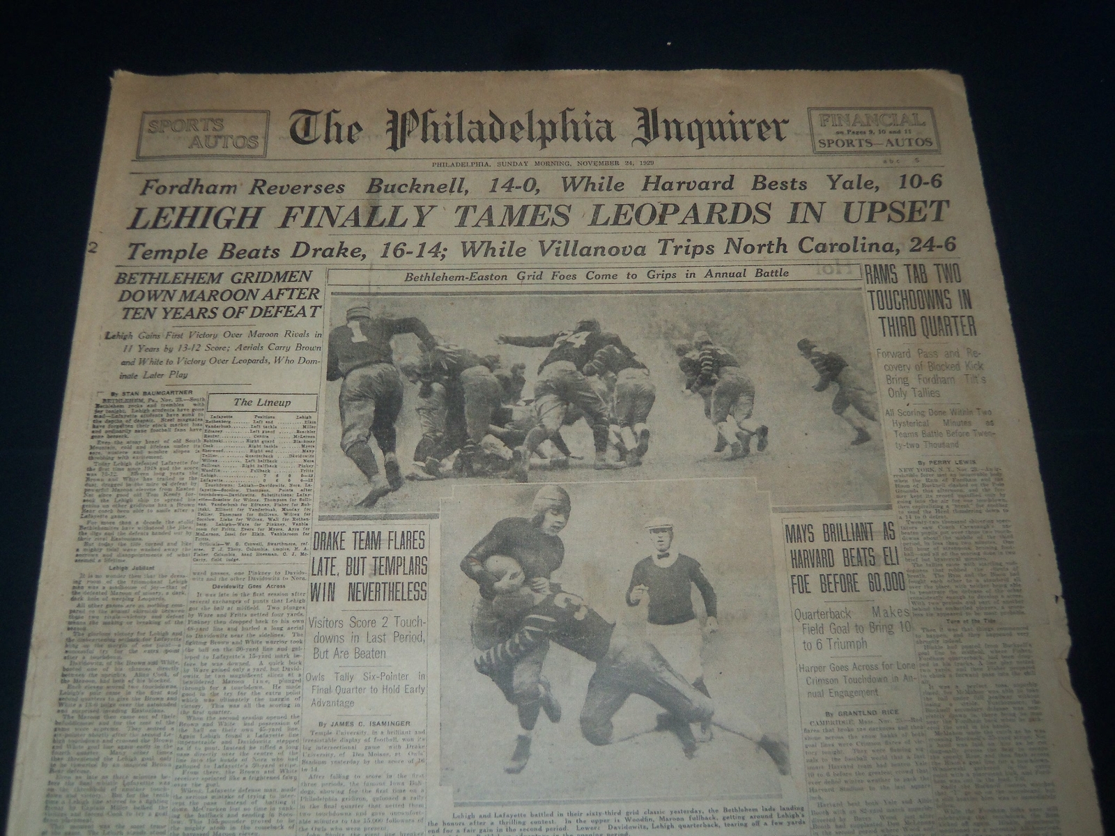 1929 NOVEMBER 24 PHILADELPHIA SPORTS SECTION - LEHIGH TIMES LEOPARDS - NT 7382