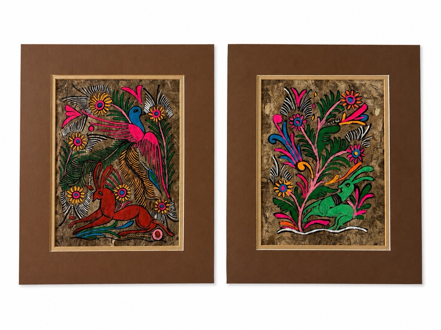 Vintage 1960s Mexican Amate Bark Paintings Pair Folk Art Rabbit Bird Floral 9x12