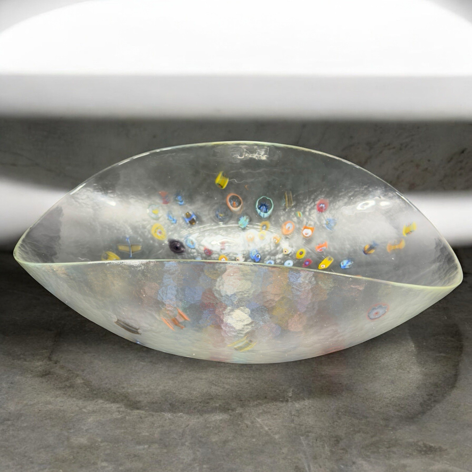 Murano Venetian Art Glass Folded Dish Bowl Clear W Millefiori Original Label