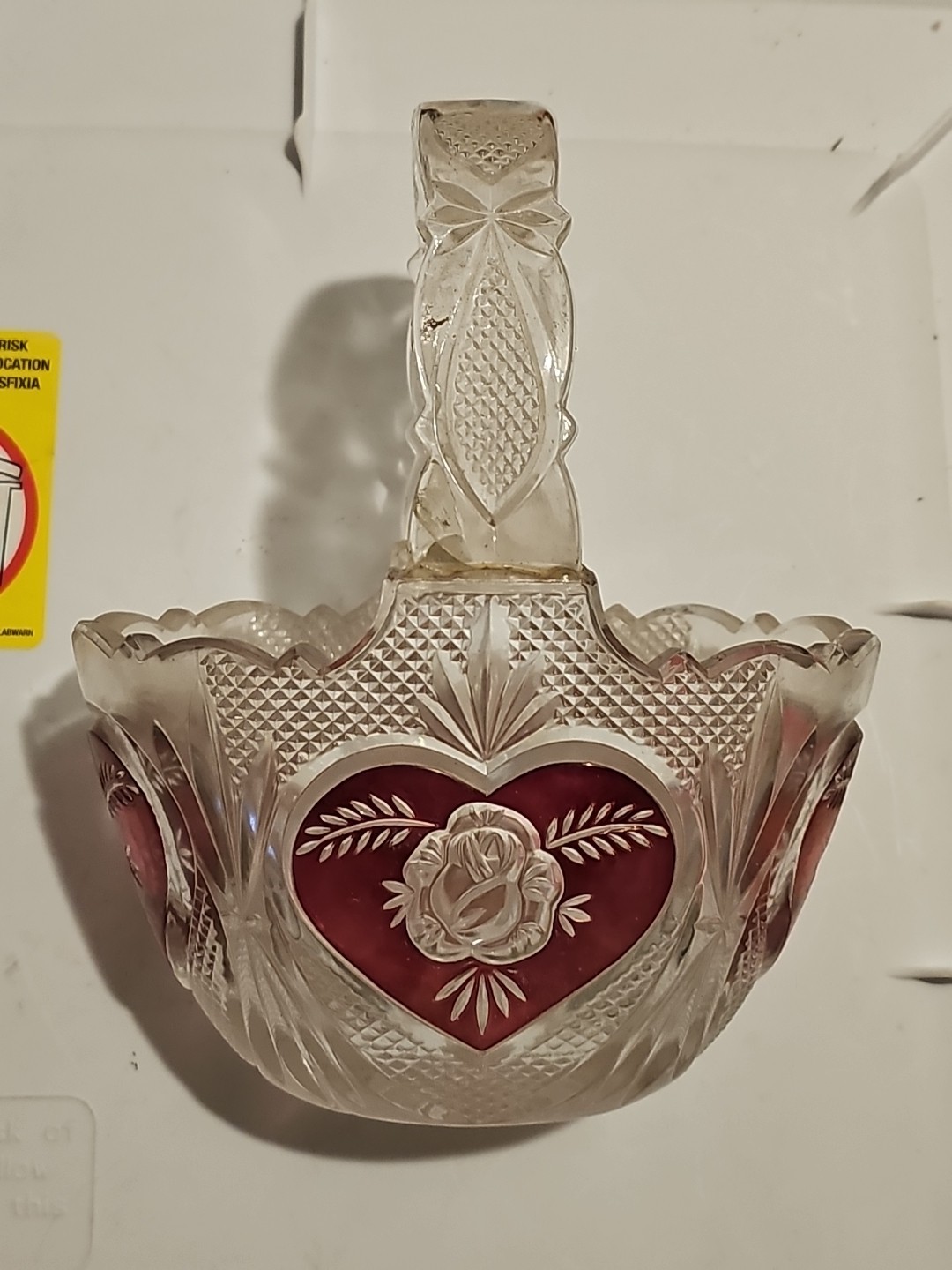 Vintage Enesco Lead Crystal Basket Red Heart Rose Germany 