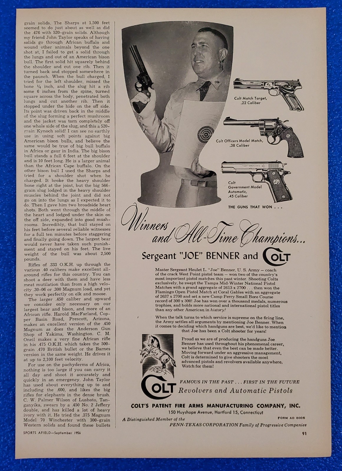 1956 COLT REVOLVERS & AUTOMATIC PISTOLS PRINT AD 