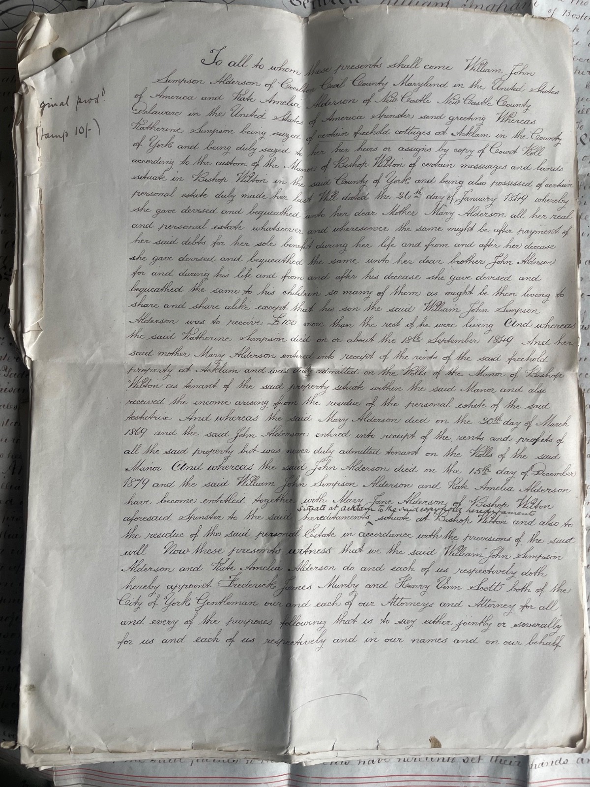 ANTIQUE POWER OF ATTORNEY 1880 ACKLAM NR YORK FROM CECIL COUNTY MARYLAND USA