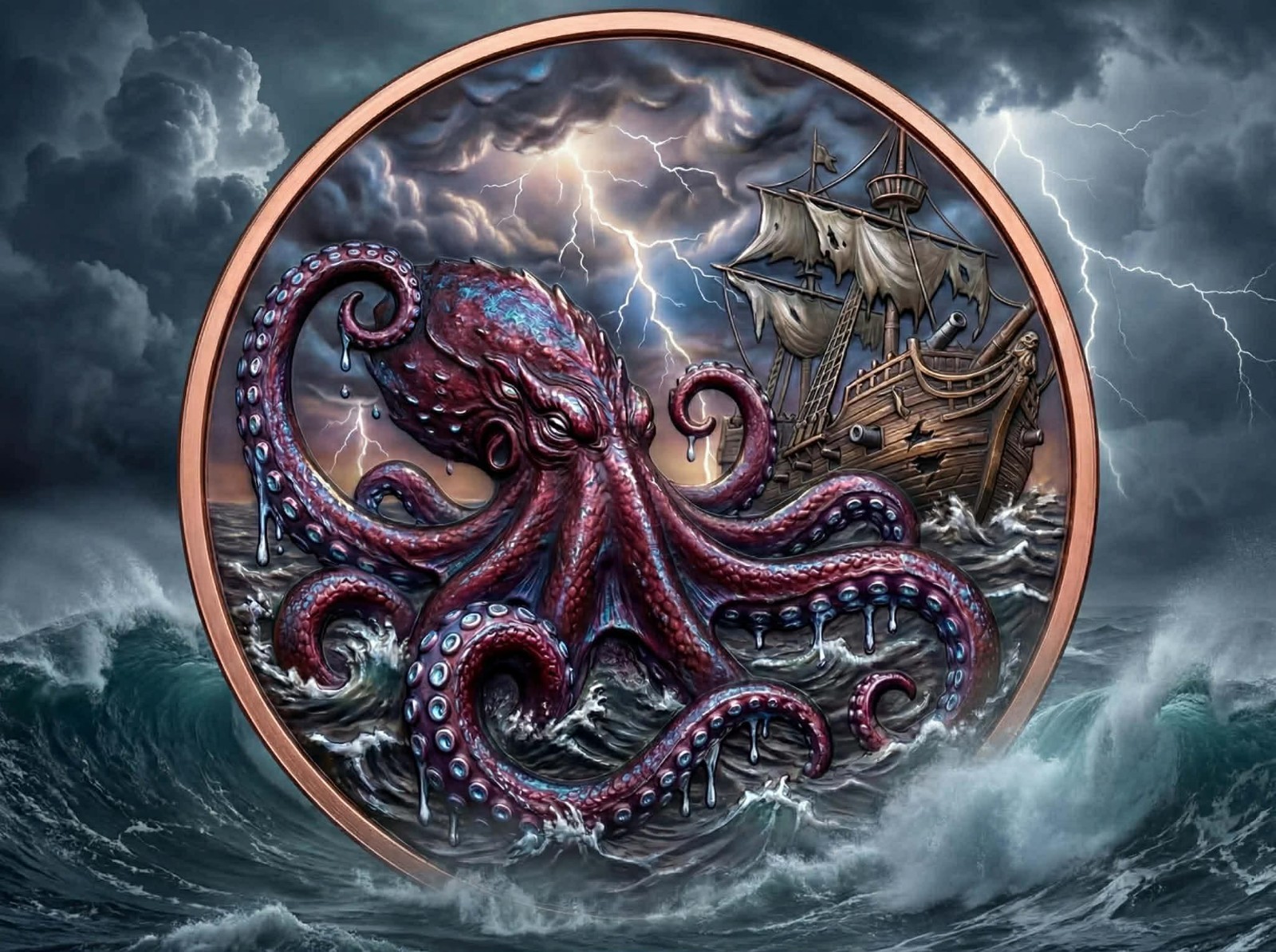5 oz Mythical Creatures Series #5: The Kraken Colorized Copper Round in Capsule
