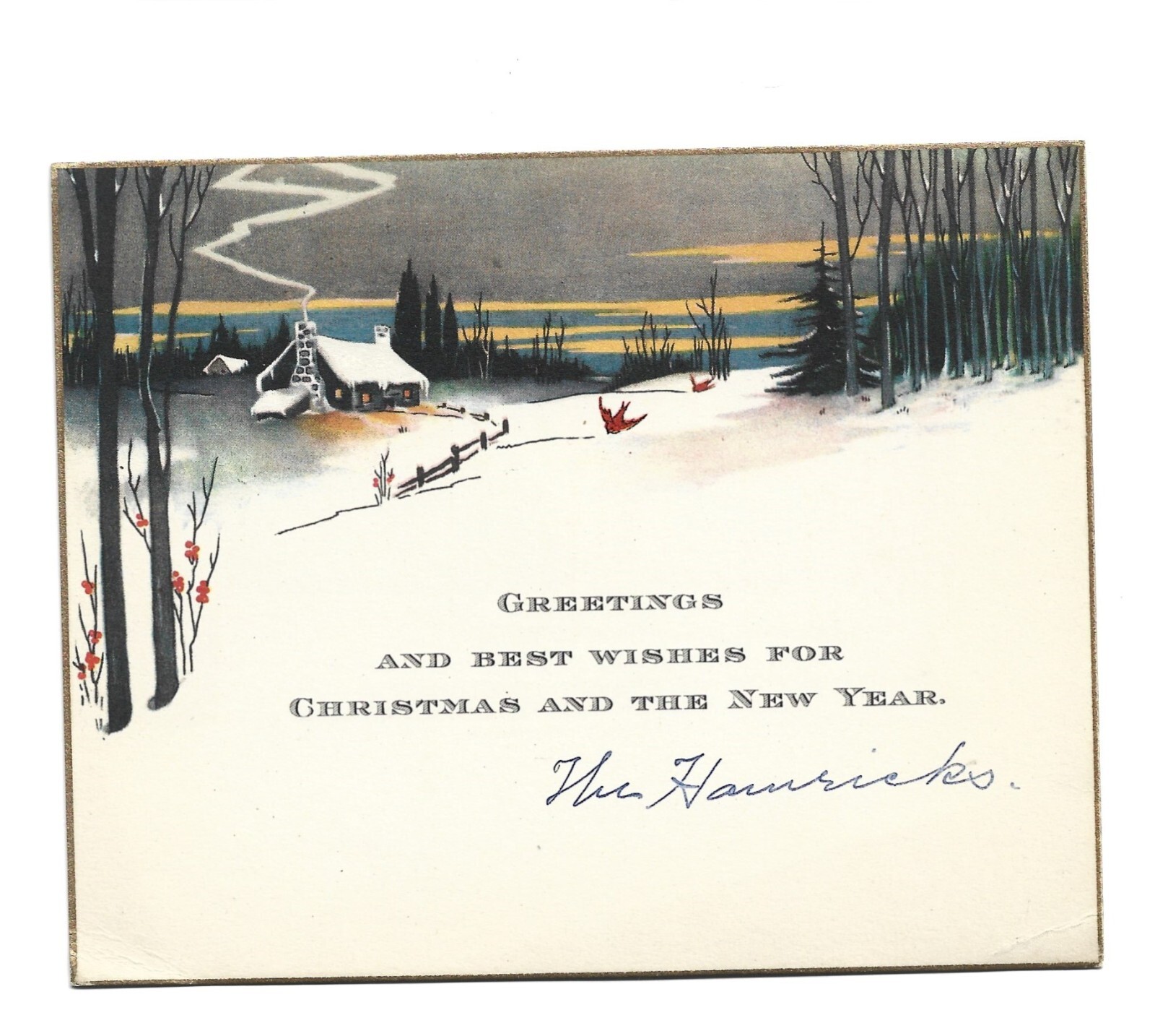 Vtg Christmas Card 1920's Homestead Scene Red Birds Sunset