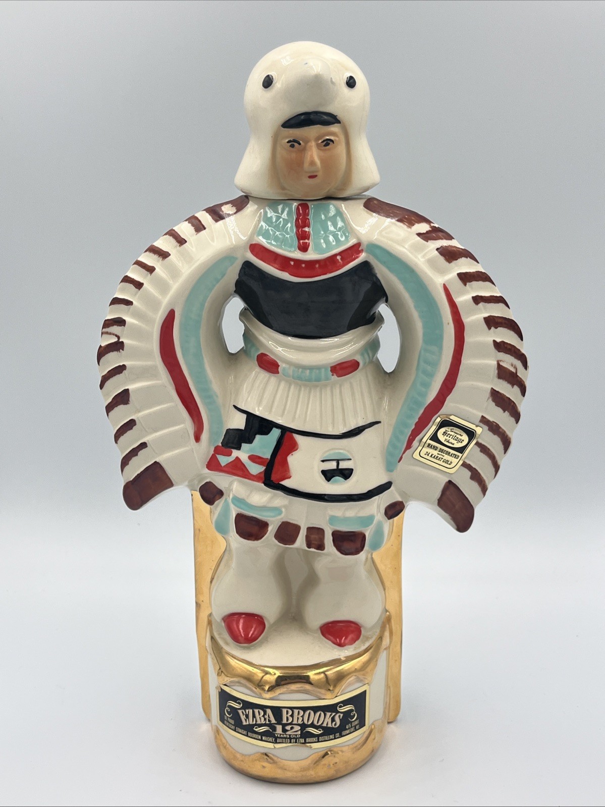 Vtg 1970 Ezra Brooks Native American Decanter 24K Gold Indian Ceremonial Empty