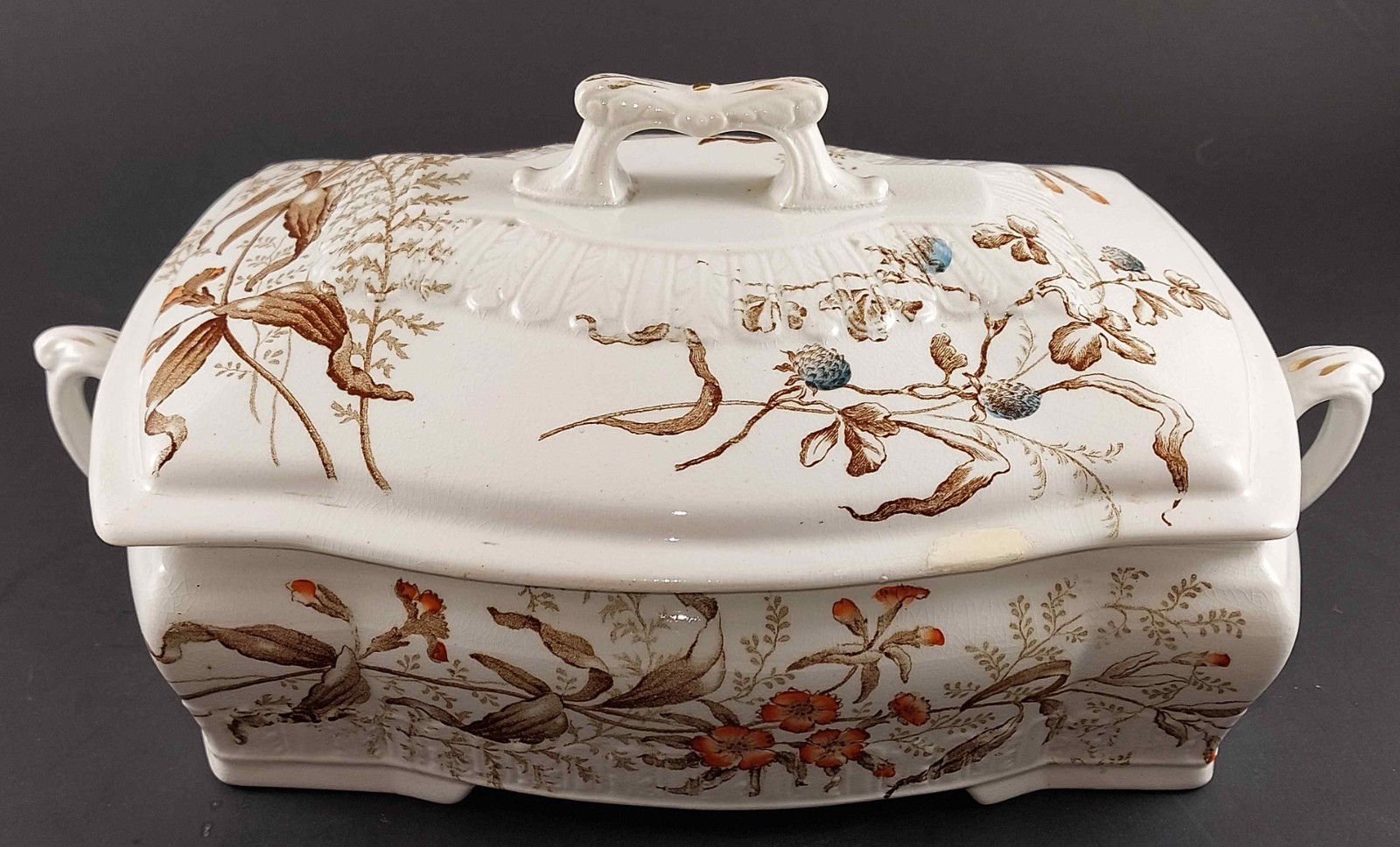 ANTIQUE 1887 EDWARDS BROS FENTON ENGLAND AESTHETIC RECTANGLE SERVING BOWL W/LID