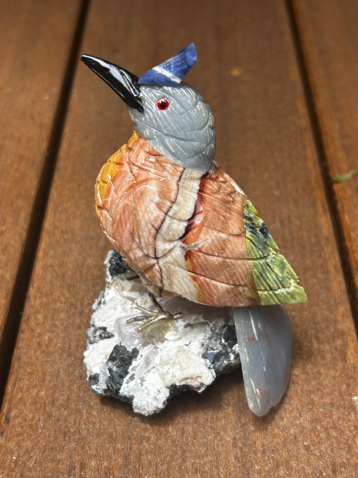 REAL GEMSTONE HANDMADE Kingfisher Bird SCULPTURE on CRYSTAL, CARVING 4.5\