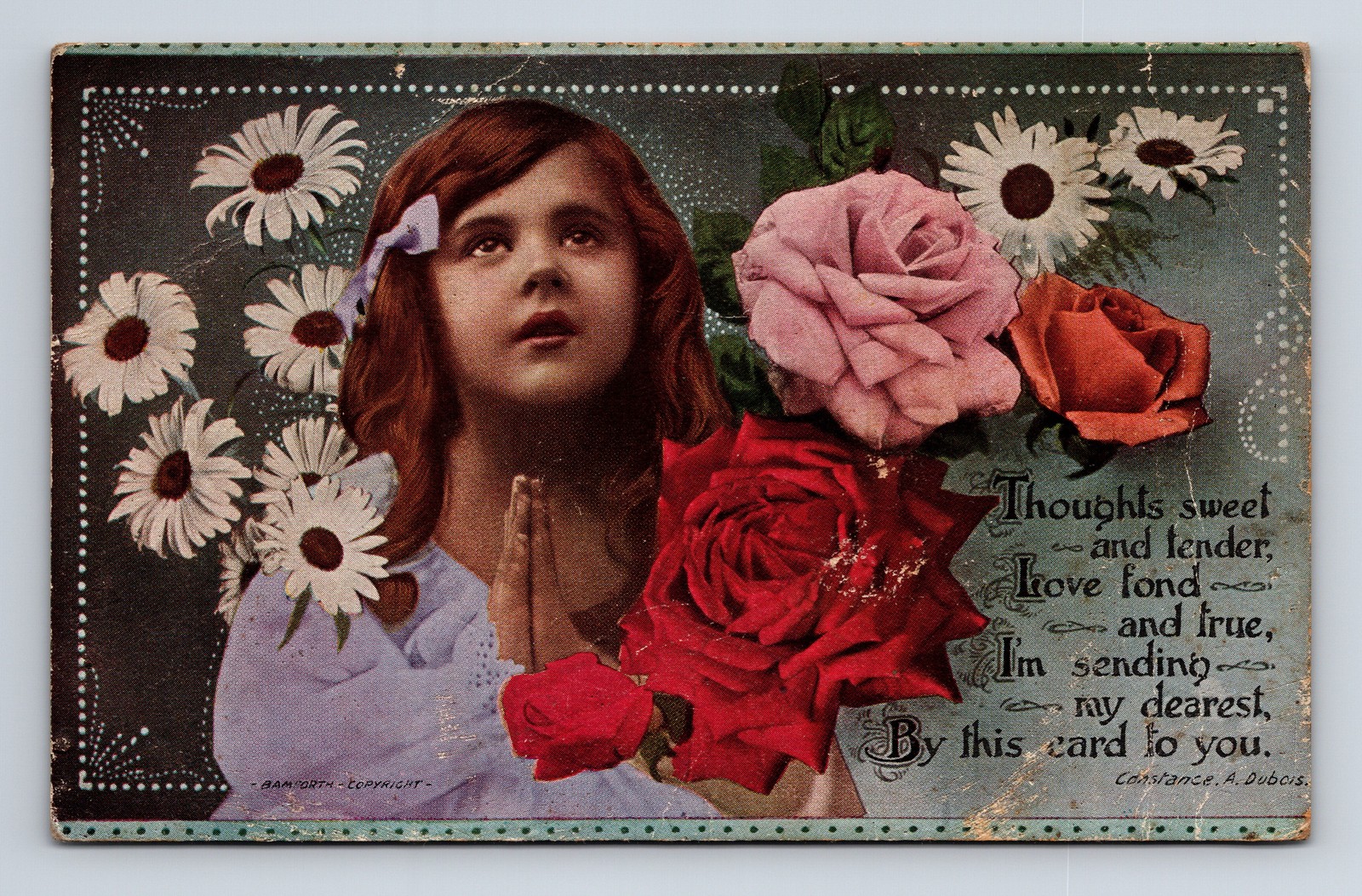 Praying Girl Flowers Sweet Tender Thoughts Constance A Dubois Bamforth Postcard