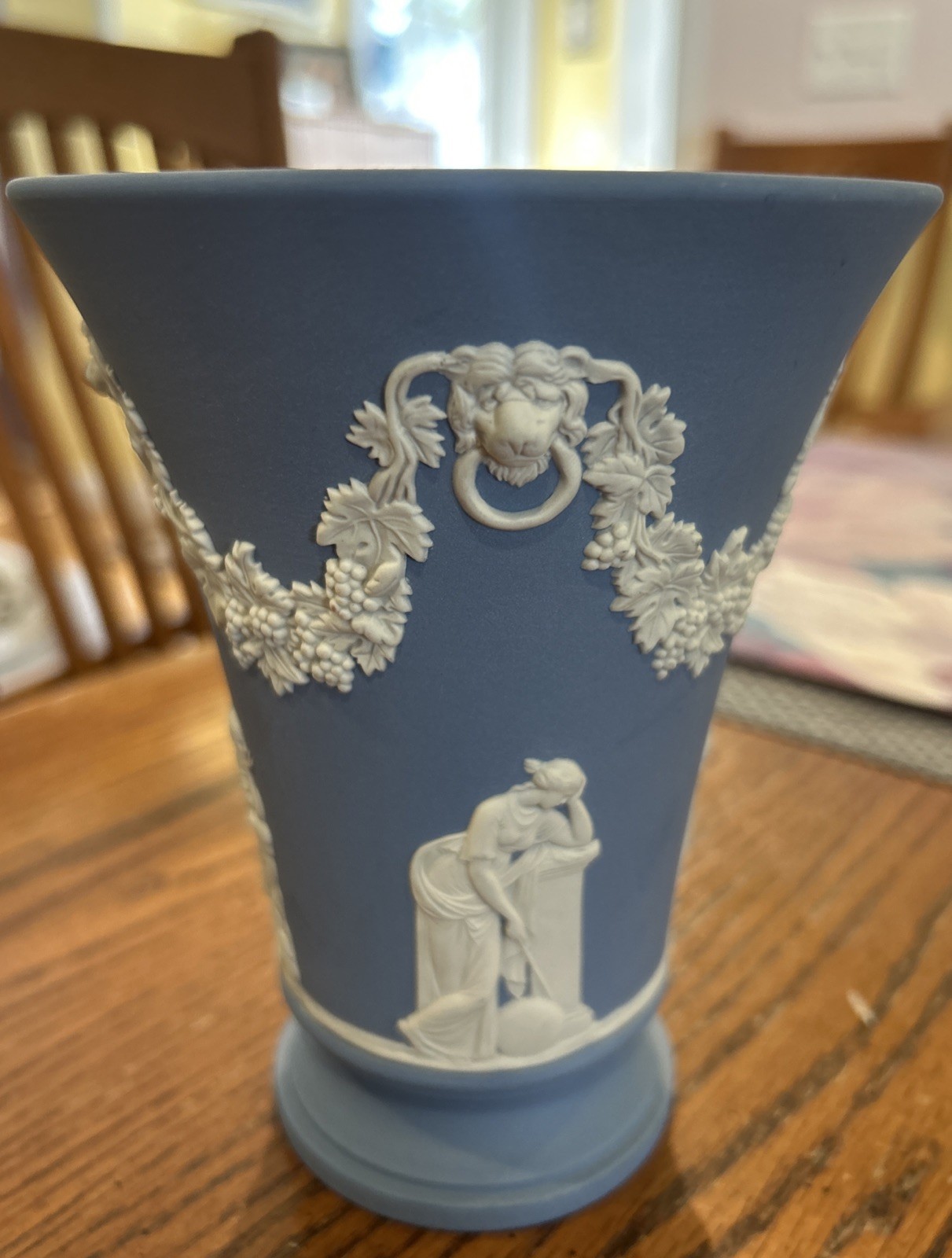 Wedgwood Blue Jasperware Trumpet Vase Lions Head, Swag, Figures 6\ Wedgwood Blue Jasperware Trumpet Vase Lions Head, Swag, Figures 6\