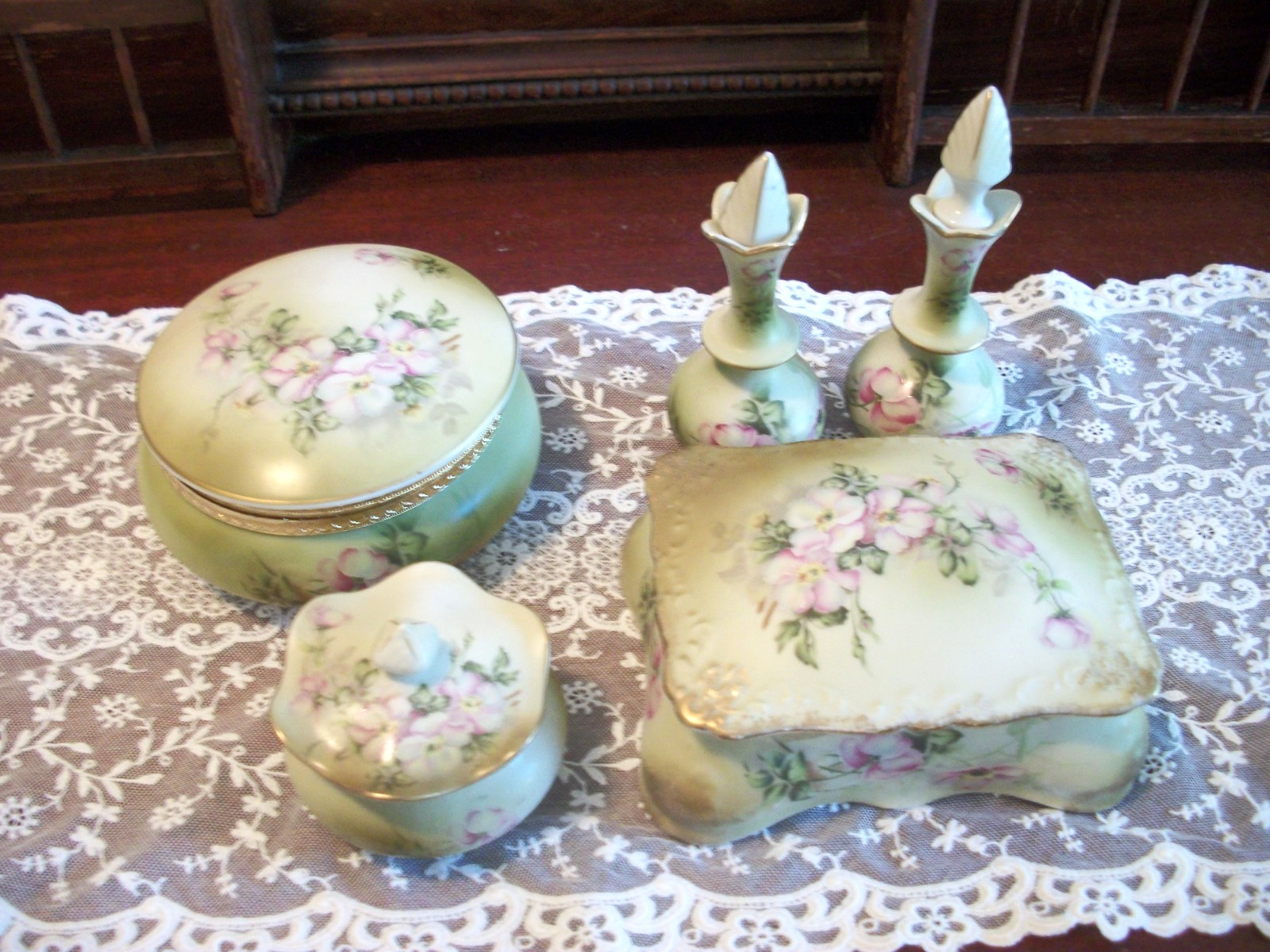 Nippon Hand Painted Vanity Set 5 Piece Green Pink Floral