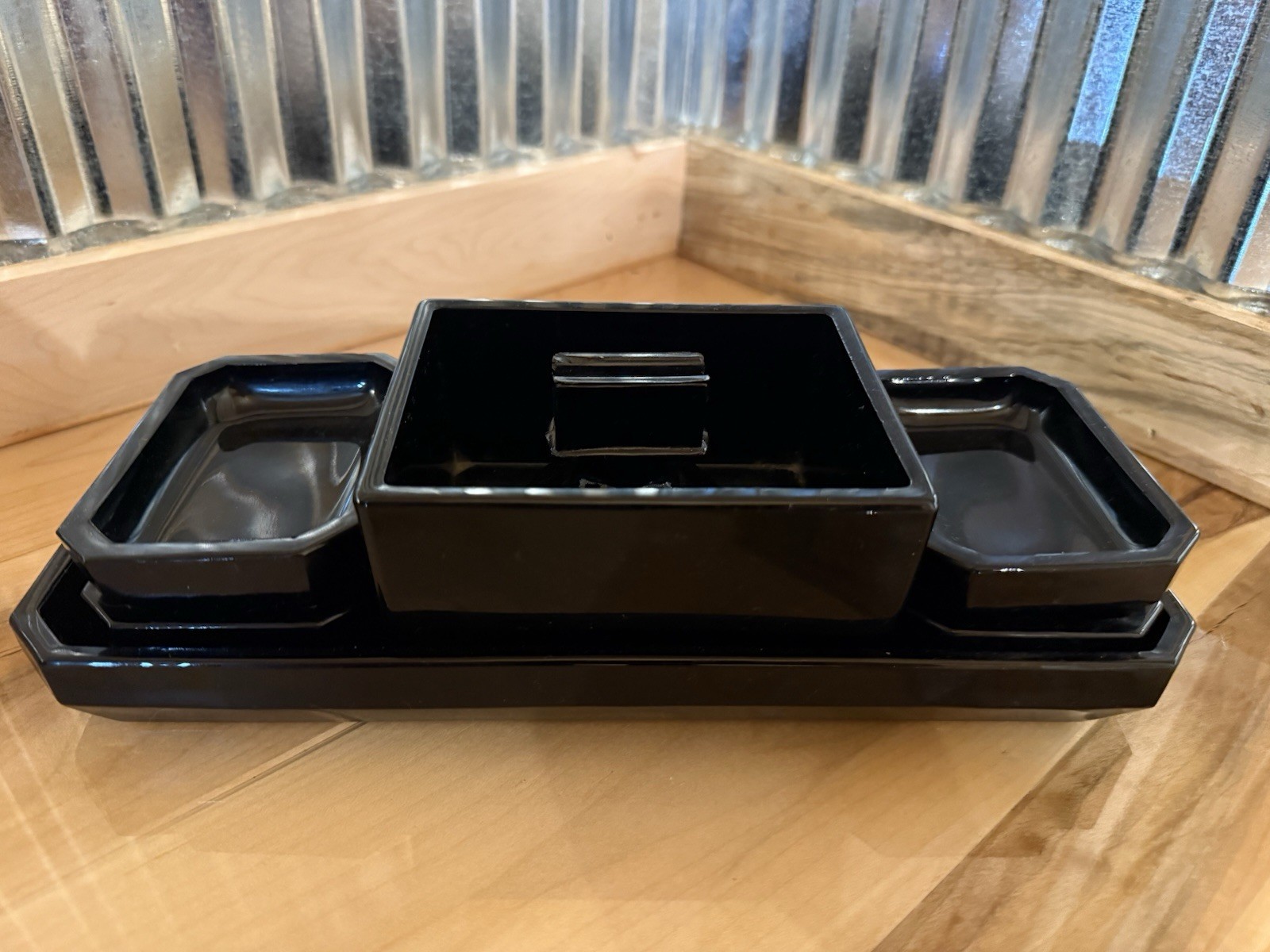 Black Glass Vanity Set with Tray, Lidded Boxes, Dishes, and Stand Black Glass Vanity Set with Tray, Lidded Boxes, Dishes, and Stand