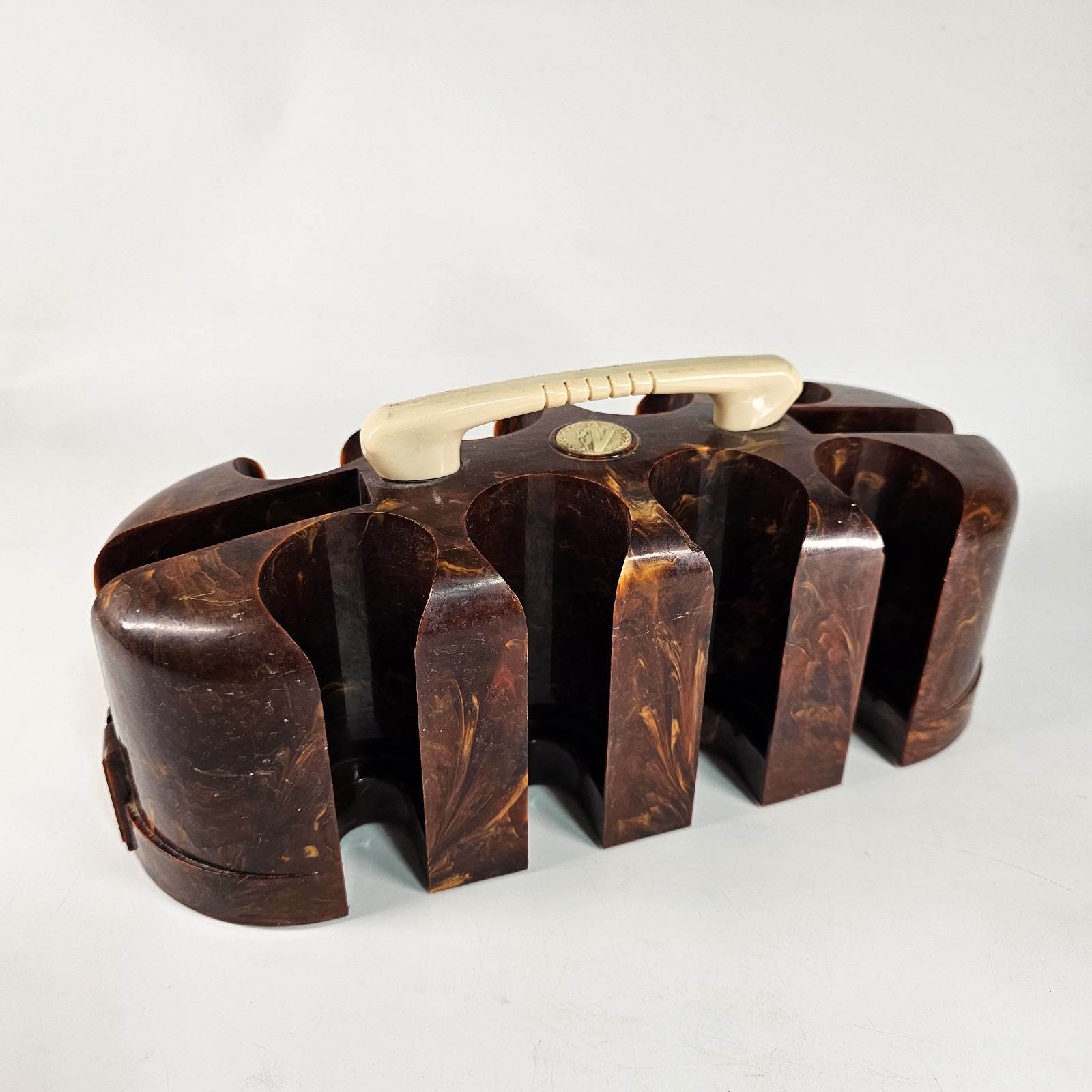 Vtg Victory Bakelite Poker Chip & Card Deck Caddy Brown Butterscotch Swirl 
