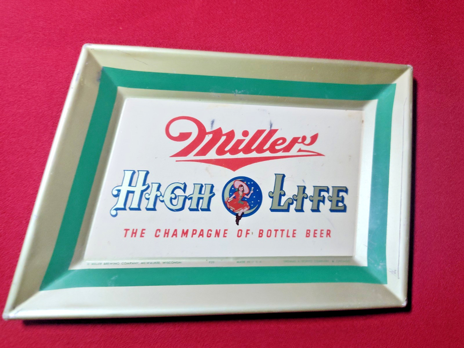 Vintage Miller High Life Tin Lithograph Advertising Tray Sign by Thomas Schutz
